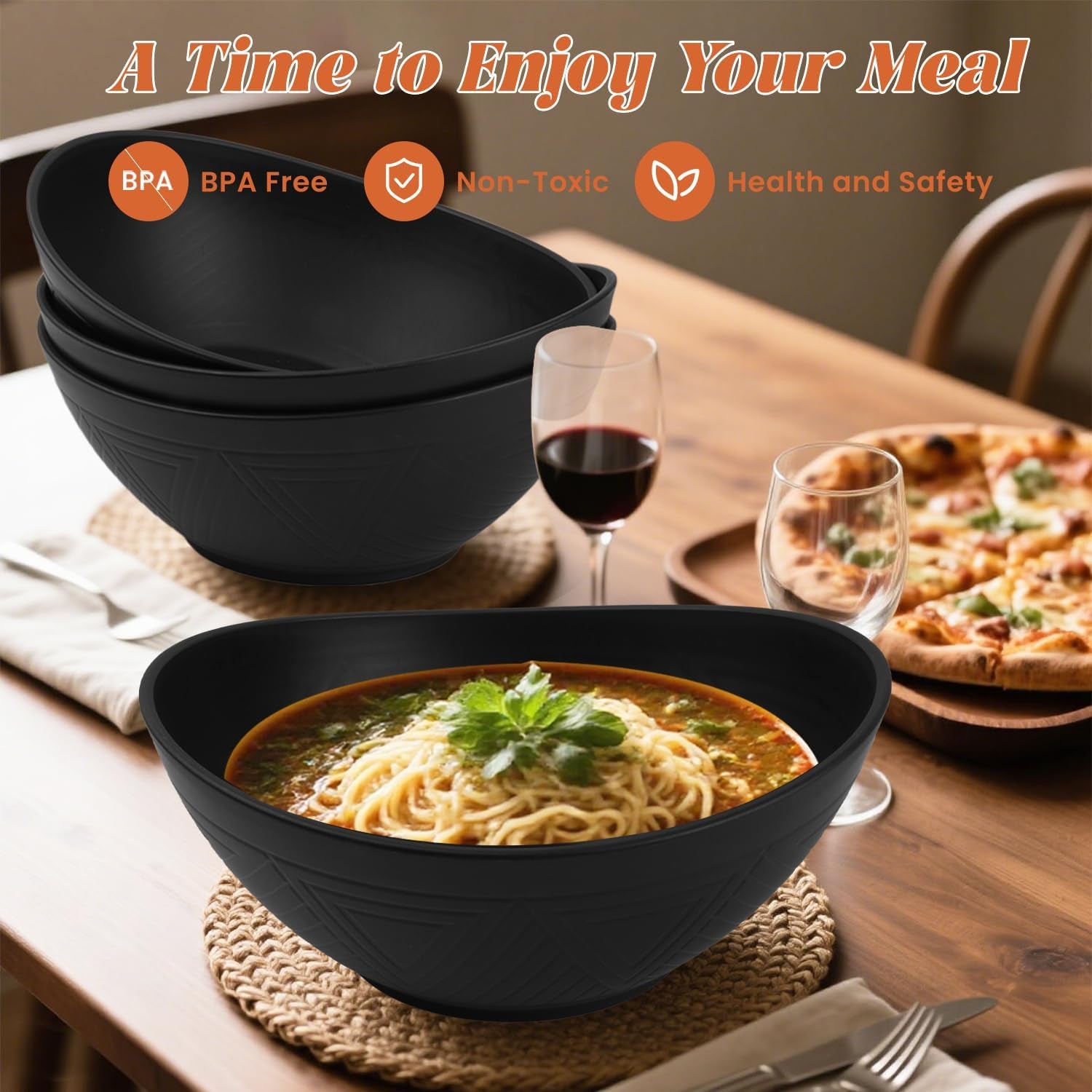Large 9.6-Inch Oval Serving Bowls - Set of 4, 60 Oz Capacity, Ideal for Salads, Side Dishes, and Pasta, Microwave & Dishwasher Safe, Black