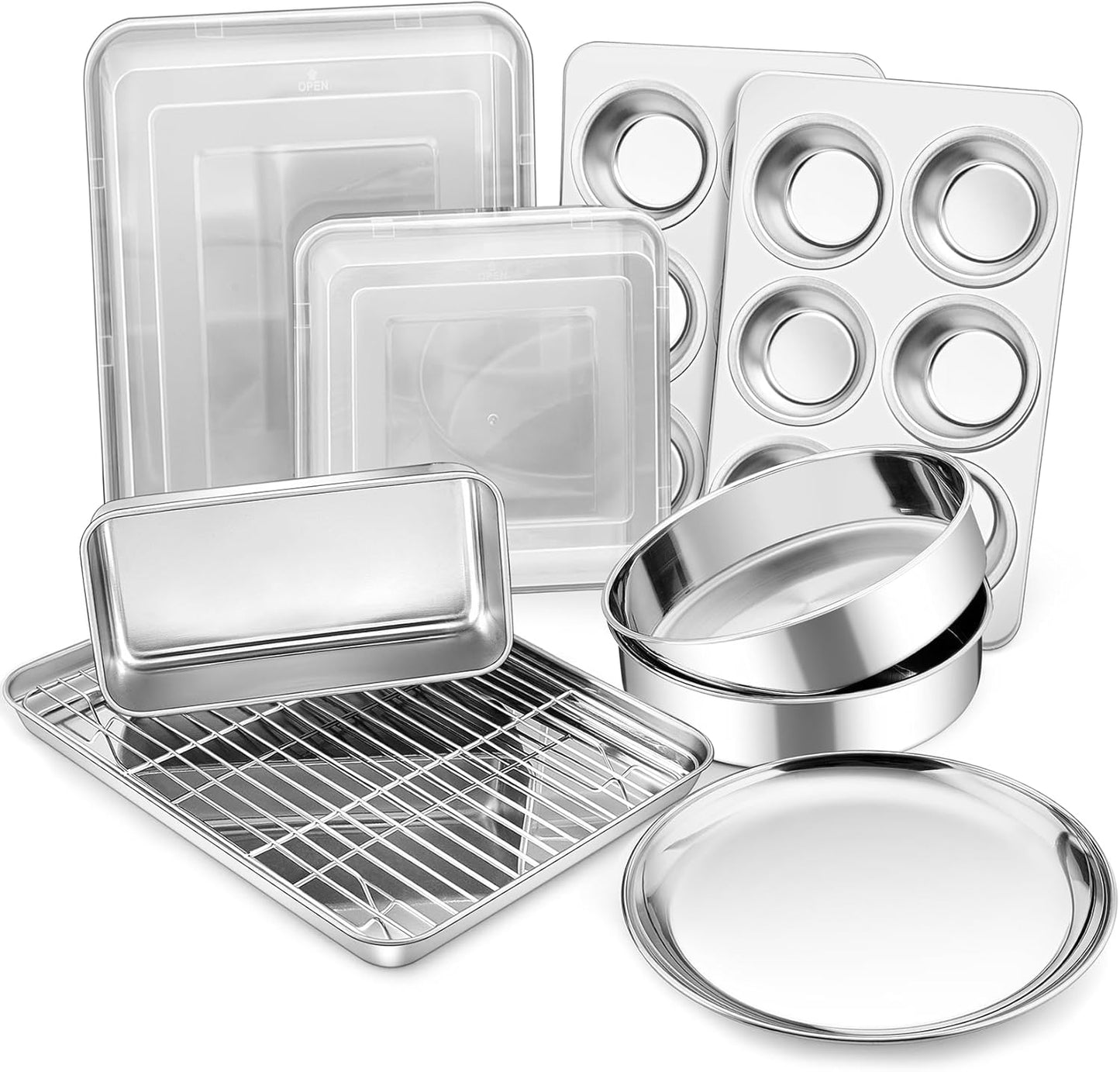 Stainless Steel Bakeware Set, 12-Piece Kitchen Baking Pans Set, Baking Sheet with Rack, Square Cake Pan with Lid, Lasagna Pan, Loaf Pan, Muffin Pan, Pizza Tray & 2 Covers, Easily Clean