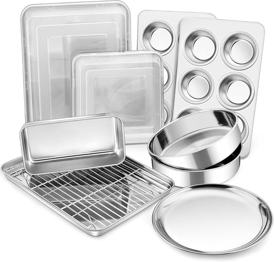 Stainless Steel Bakeware Set, 12-Piece Kitchen Baking Pans Set, Baking Sheet with Rack, Square Cake Pan with Lid, Lasagna Pan, Loaf Pan, Muffin Pan, Pizza Tray & 2 Covers, Easily Clean