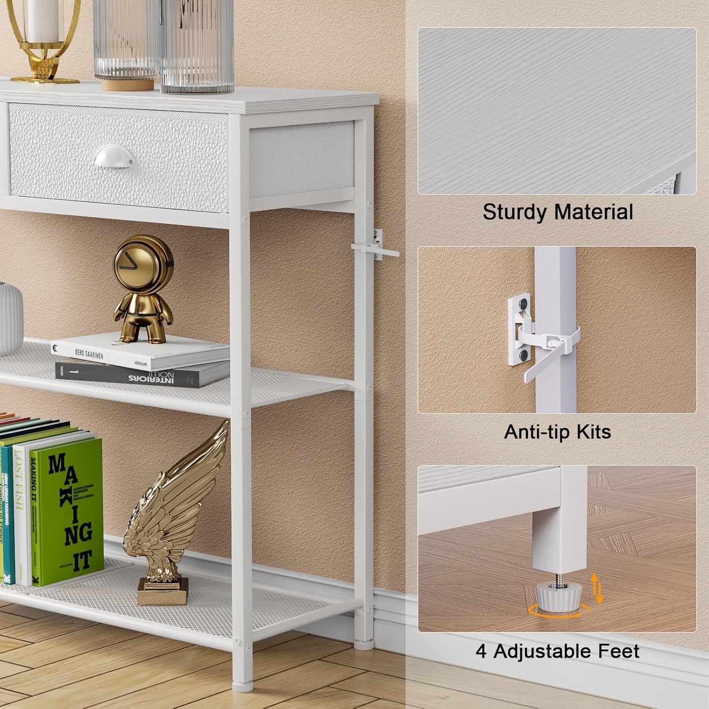 30'' Entryway Table, White Console Table with Storage, Narrow Sofa Table with 2 Drawers and 2 Shelves for Hallway, Living Room, Bedroom, Foyer, Couch, Tv