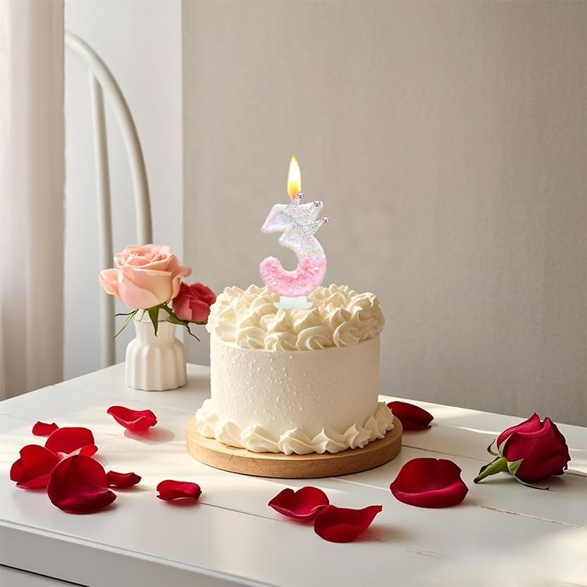 Pink Birthday Number 4 Candle for Cake, Pink Crown Cake Topper Princess Birthday Party Decorations Cupcake Topper Party Favors Decor Supplies