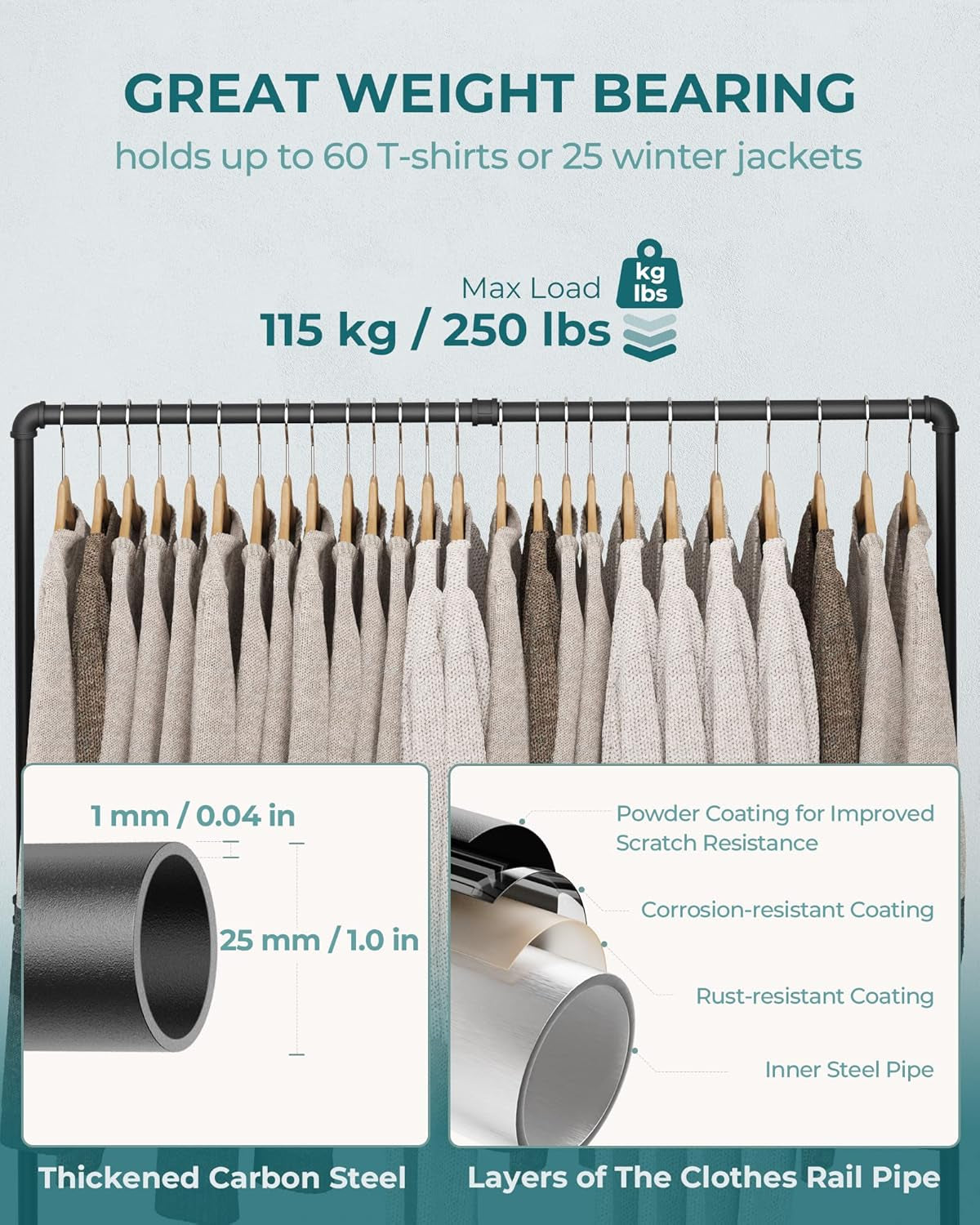 Industrial Pipe Clothing Rack Free Standing, Heavy Duty Detachable Clothes Rack with 4 Stable Feet for Garment Storage Display, Black