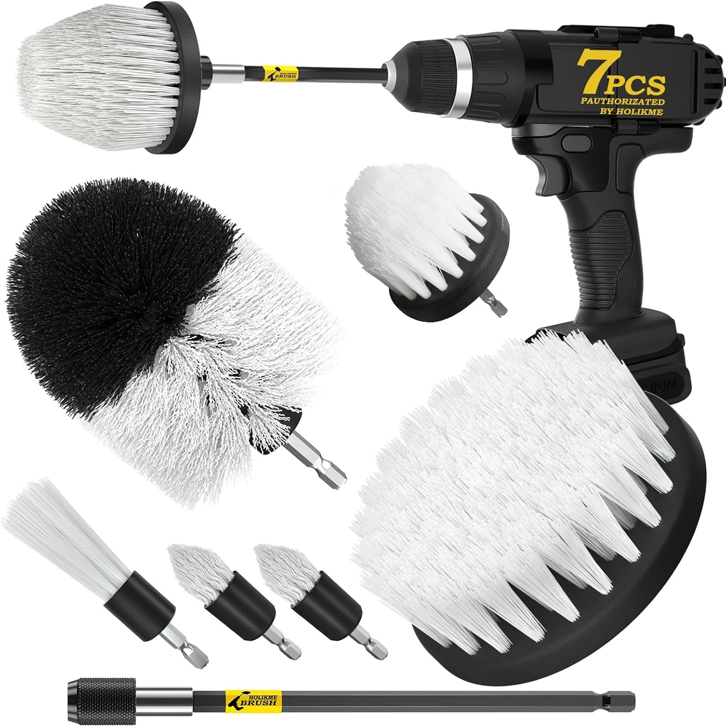 7Pack Drill Brush Attachment Set-Car Interior Detailing Kit,Power Scrubber Brush Extended Long Attachment for Bathroom, Car,Shower,Carpet,Boat,Kitchen,Floor and Tile,White