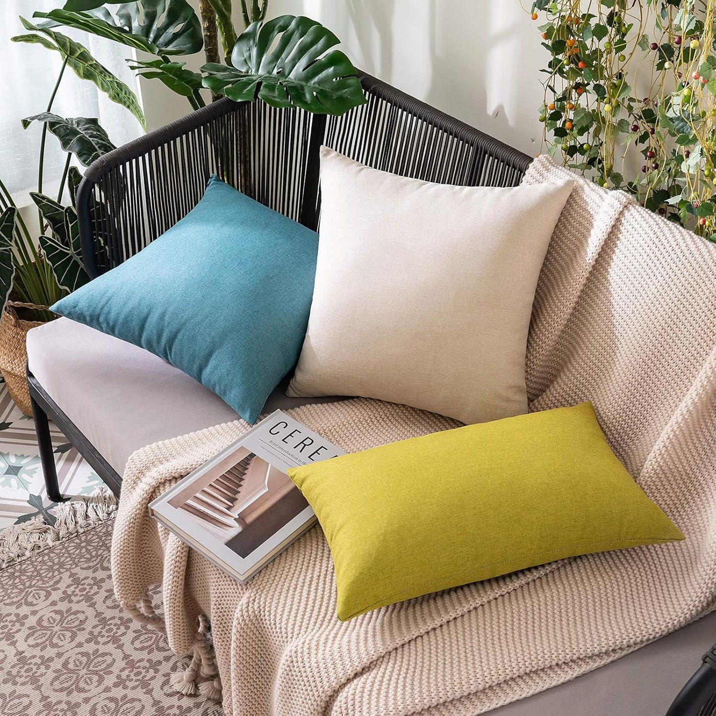 Pack of 2 Decorative Outdoor Solid Waterproof Throw Pillow Covers Faux Linen Garden Farmhouse Cushion Cases for Patio Tent Balcony Couch Sofa 18X18 Inch Beige