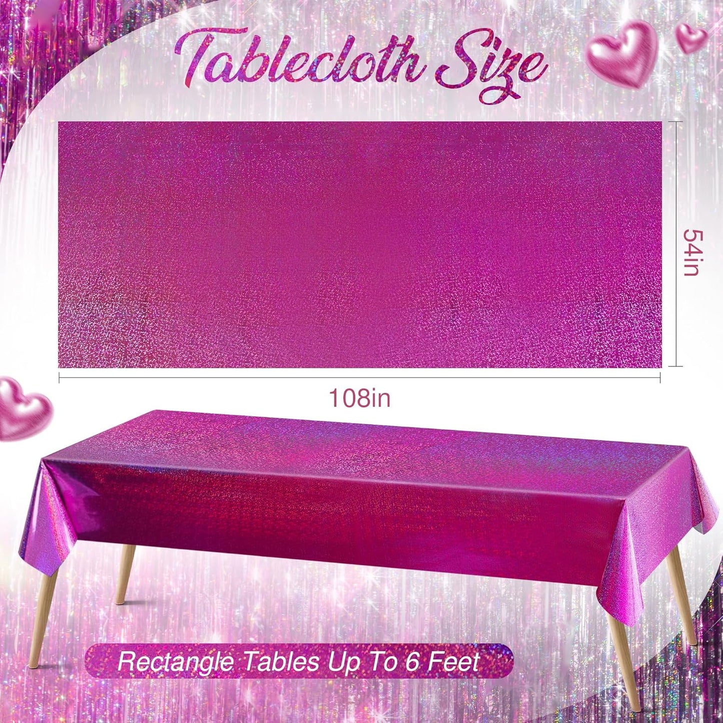Fuchsia Holographic Foil Tablecloths - Set of 2, 54x108 Durable Table Covers with Elegant Shimmer for Parties, Weddings, and Showers