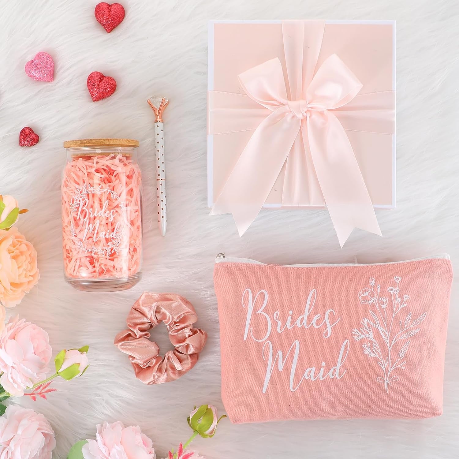 Bridesmaid Gift Box Set of 5 - Includes Glass Cups with Lids, Makeup Bags, Scrunchies, Hair Ties, and Diamond Ballpoint Pens for Wedding Party Favors (Rose Pink)