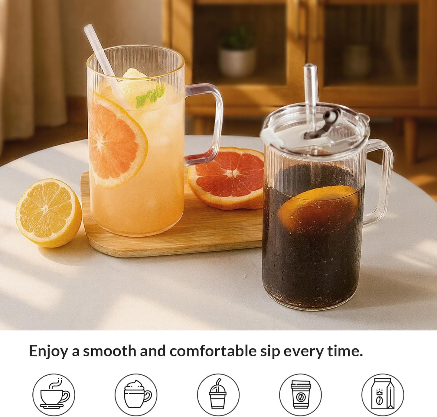 2 Pack 25Oz Glass Cups with Lids and Straws, High Borosilicate Ribbed Drinking Glasses Tumbler with Handle for Iced Coffee, Glassware Mason Jar Smoothie Cup for Long Drinks