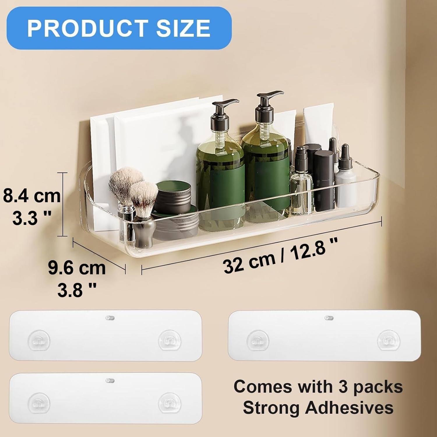 2Pc Acrylic Wall Mount Organizer, Adhesive Shelf, Bathroom Shelves for Wall, Self Adhesive Organizer, Shower Caddies, No Drilling Hang Wall,With 3Pack Tapes, for Bathroom, Kitchen, Living Room