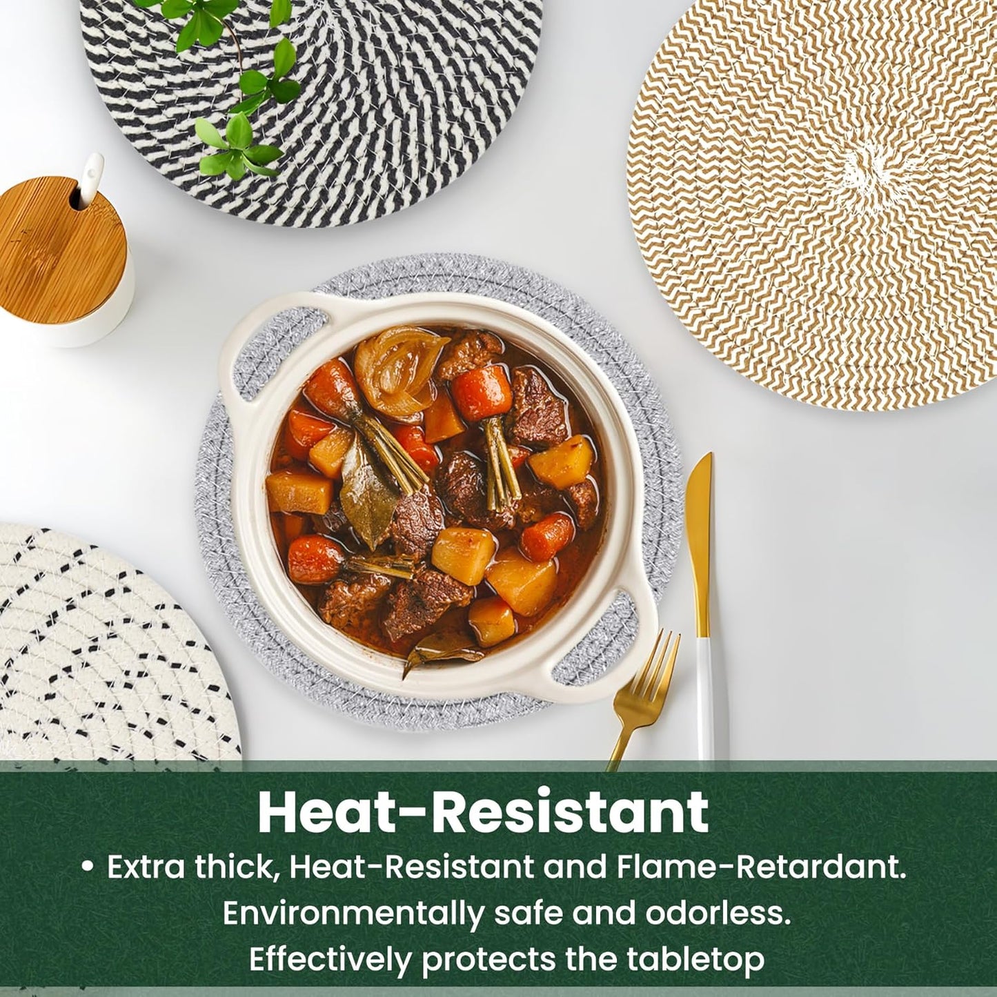 10 Inch Trivets for Hot Dishes, Hot Pots and Pans, Extra Large Thick Heat Resistant Large Coaster, Hot Pads, Kitchen Essentials, Pot Holders for Countertop with Storage Basket, 5 Pcs