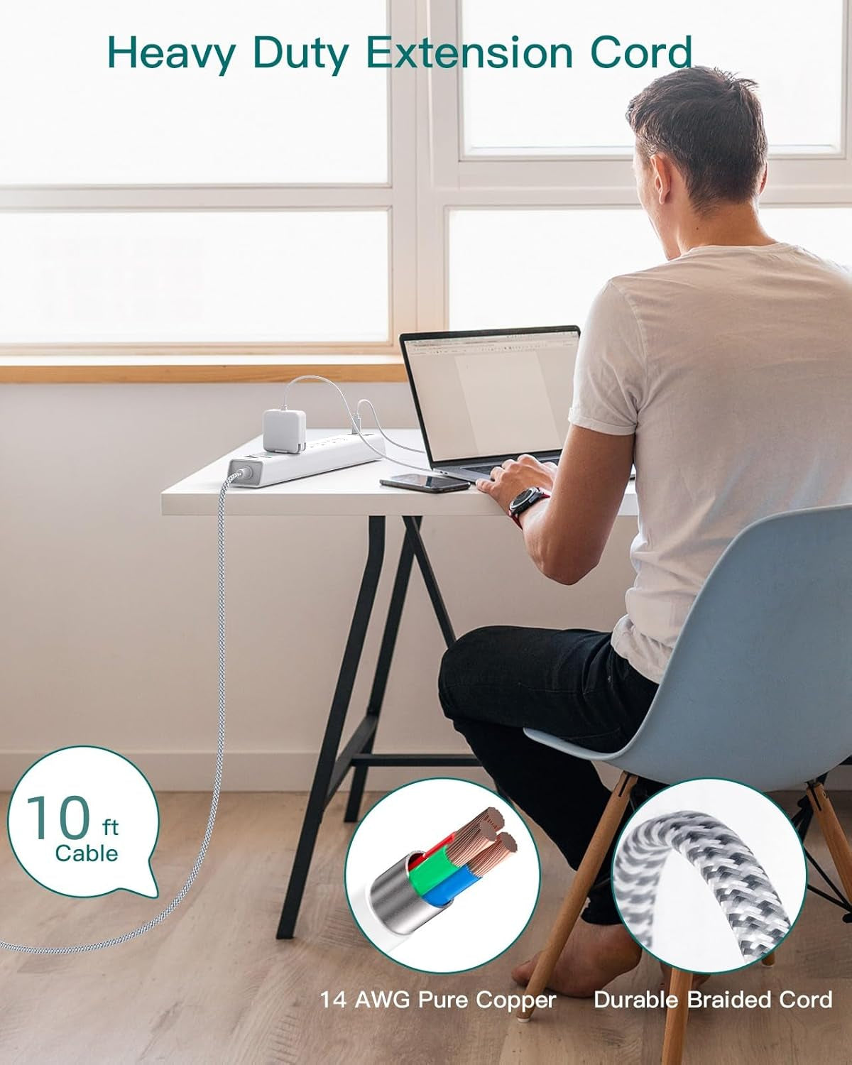 Extension Cord 10 Ft - Long Power Strip Surge Protector, 6 AC Outlet 4 USB (2 USB C), Flat Plug, Wall Mount, Multi Plug Outlet Extender Desk Charging Station for Home Office Dorm Room Essentials