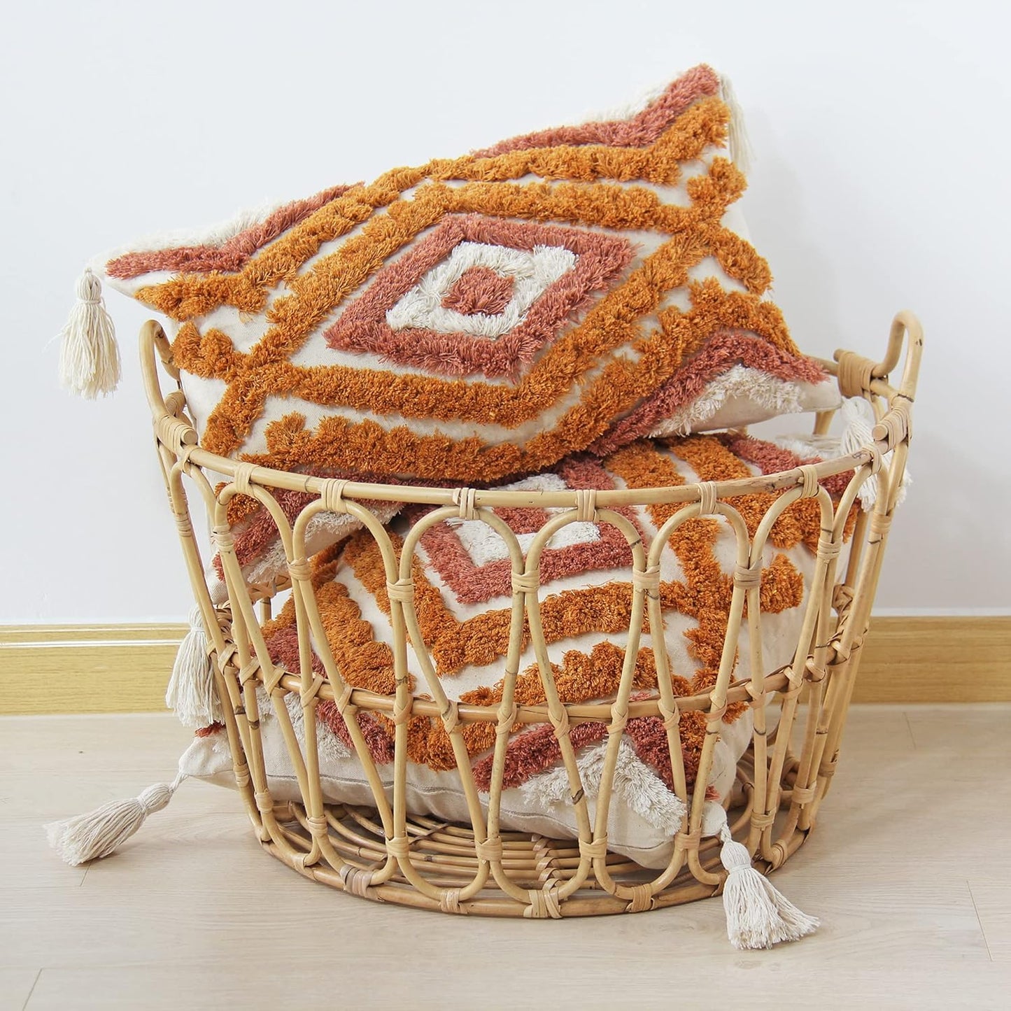 Boho Lumbar Throw Pillow Covers with Handmade Tassels Decorative Woven Tufted Orange Lumbar Pillowcase for Couch Bedroom 12 X 20 Inch