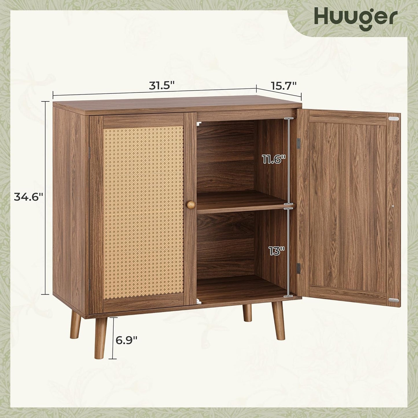 Walnut Buffet Cabinet with Synthetic Rattan Door Accents and Solid Wood Legs for Hallway, Entryway, and Living Room Storage