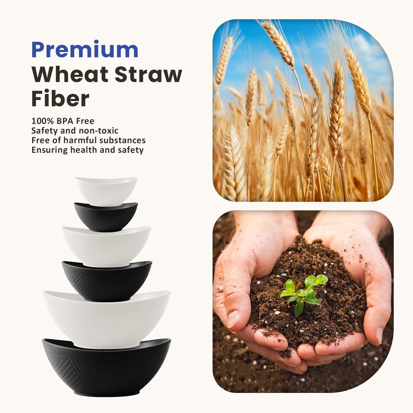 Wheat Straw Mixing Bowls Set - 6 Piece, Three Sizes (60 OZ, 26 OZ, 10 OZ), Microwave and Dishwasher Safe, Ideal for Salad, Snacks, and Cereal (Panda Color)