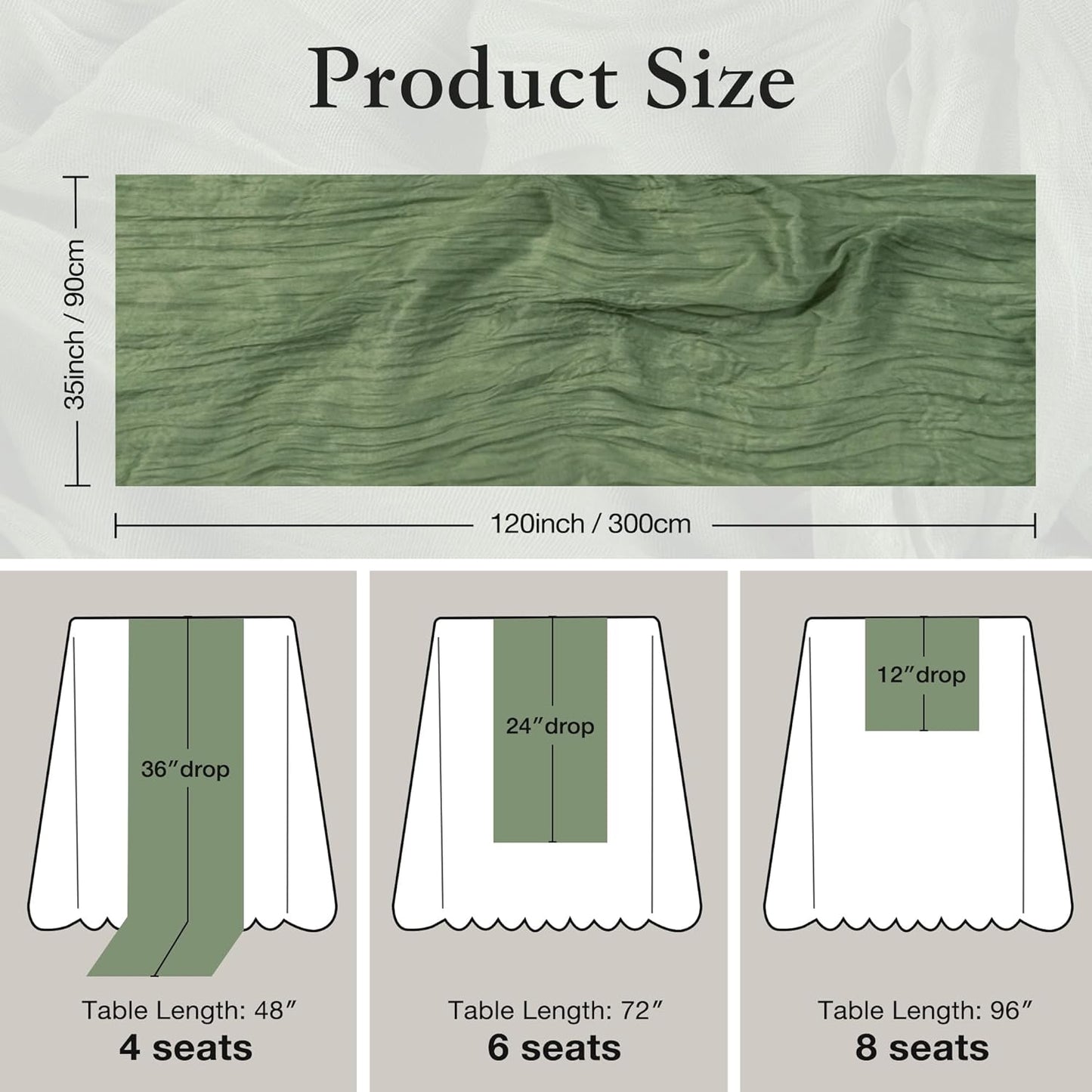 1 Pack Sage Green Cheesecloth Table Runner, 35X120 Inch Boho Rustic Cheese Cloth, Decorative Table Runners for Bridal Baby Shower Decorations or Wedding Table Decorations
