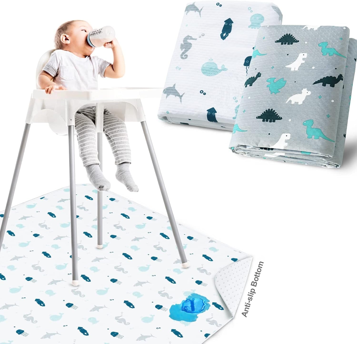 Splat Mat 2 Pack for under High Chair & Arts & Eating Mess, Waterproof Baby Playtime Anti-Slip High Chair Mat for Floor or Table, Reusable & Portable Splash Mat for under High Chair, 46" X 42" Gray