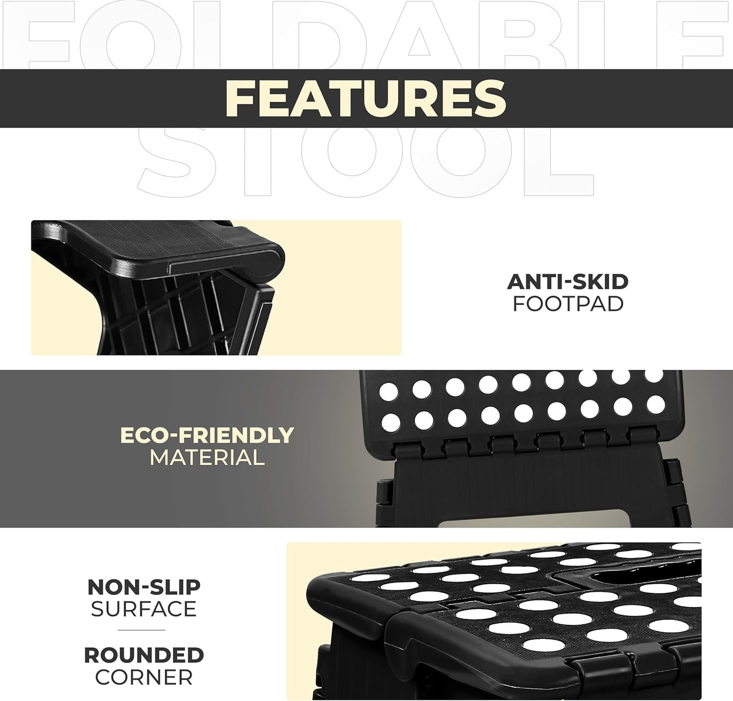 Folding Step Stool - (Pack of 1) Foot Stool with 9 Inch Height - Holds up to 300 Lbs - Lightweight Plastic Foldable Step Stool for Kitchen, Bathroom & Living Room (Black)