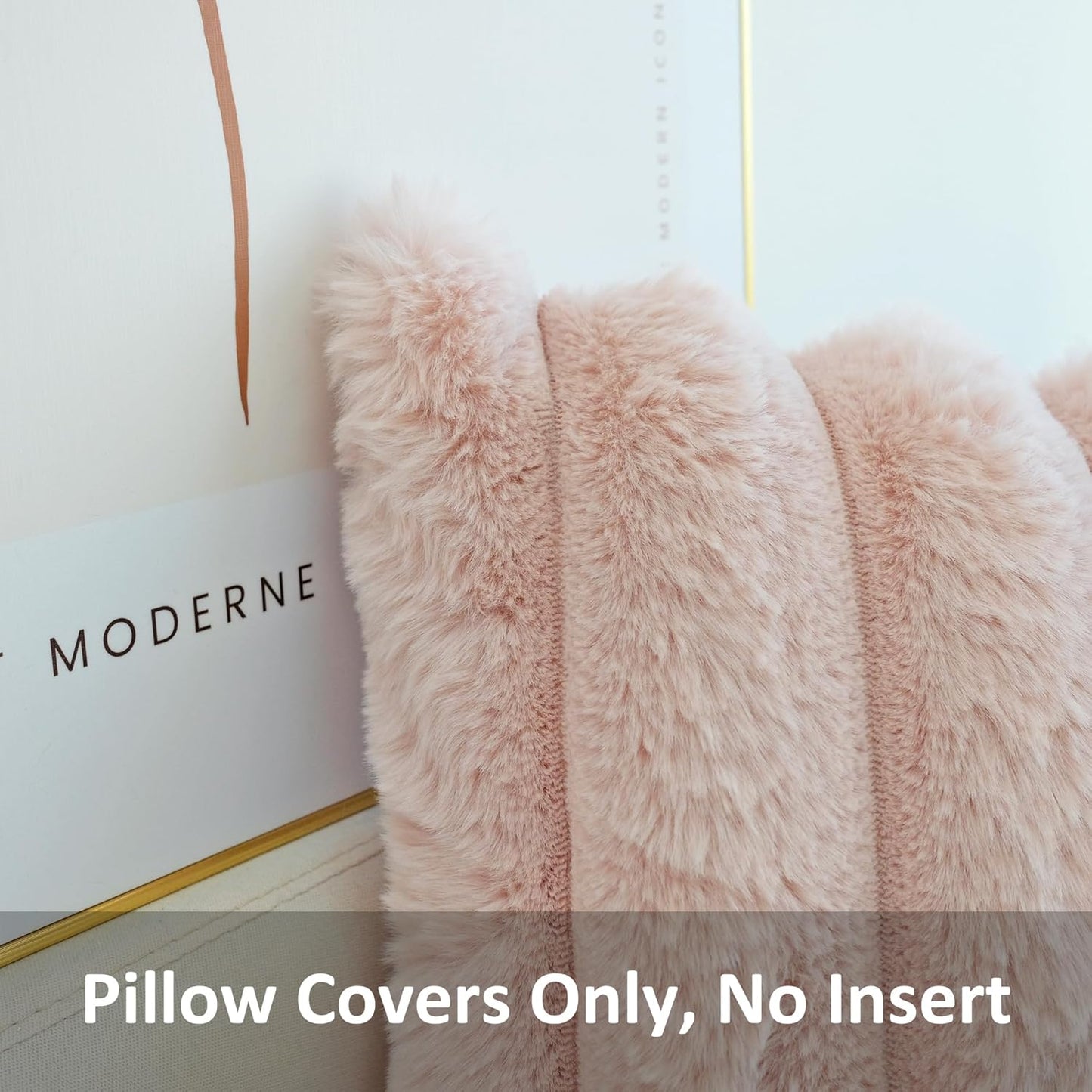 Pack of 2 Faux Fur Plush Decorative Throw Pillow Covers Couch Cushion Case Soft Fluffy Pillowcases Wide Stripe (Pink, 18 X 18 Inch)