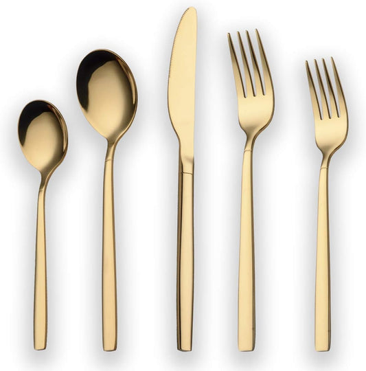20-Piece Titanium Gold Plated Stainless Steel Flatware Set, Service for 4, Shiny Gold Finish
