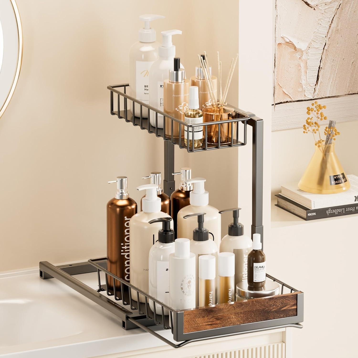 2 Pack under Sink Organizer and Storage, Height Adjustable under Kitchen Sink Organizer, 2 Tier Pull Out under Cabinet Organizer, Black under Counter Storage for Kitchen Bathroom