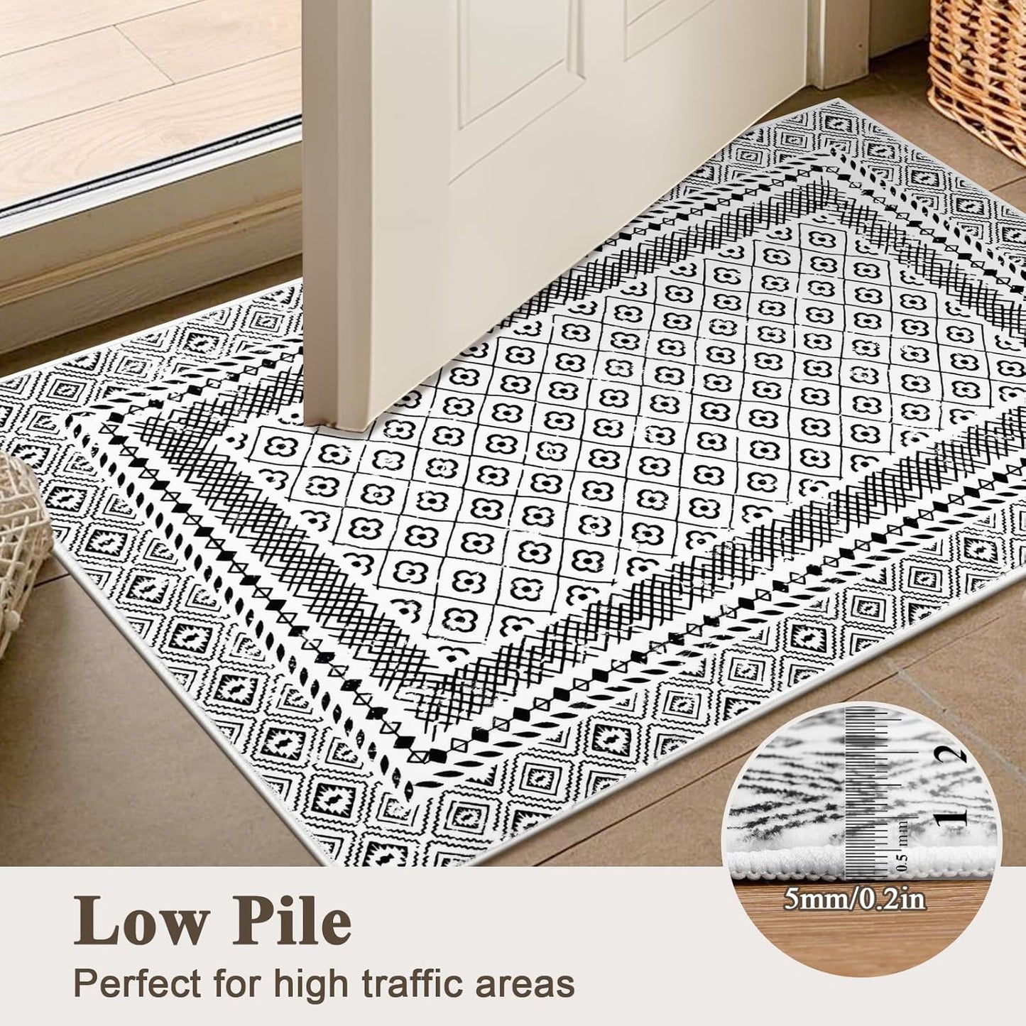 2X3 Washable Rug Non Slip, Soft Low Pile Front Door Mat Indoor Entrance, Black and White Area Rug Moroccan Indoor Door Mats for Entryway Bedroom Kitchen
