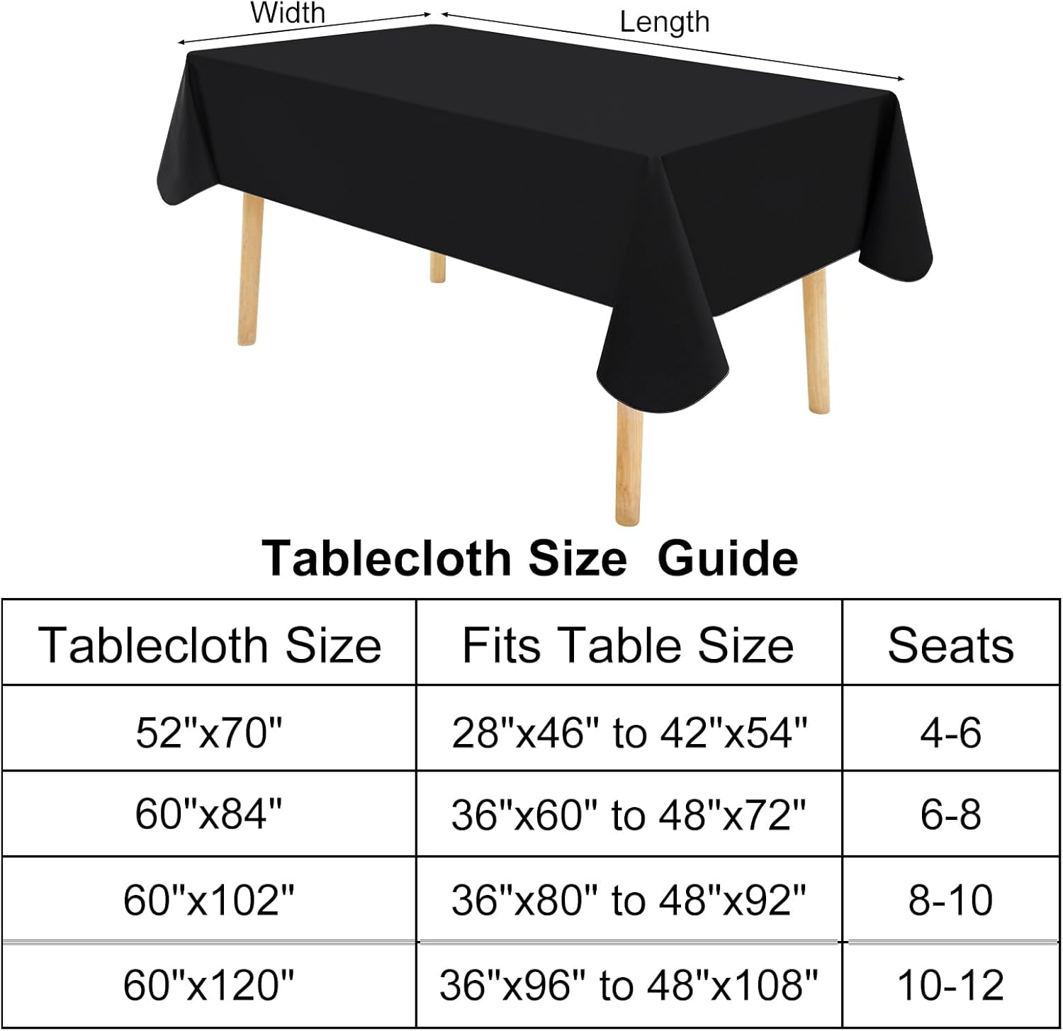 Rectangle Vinyl Tablecloth, Waterproof Spillproof Plastic Flannel Backed Table Cloth, Wipe Clean Table Cover for Dining, Buffet Parties and Camping (Black, 54" X 78")