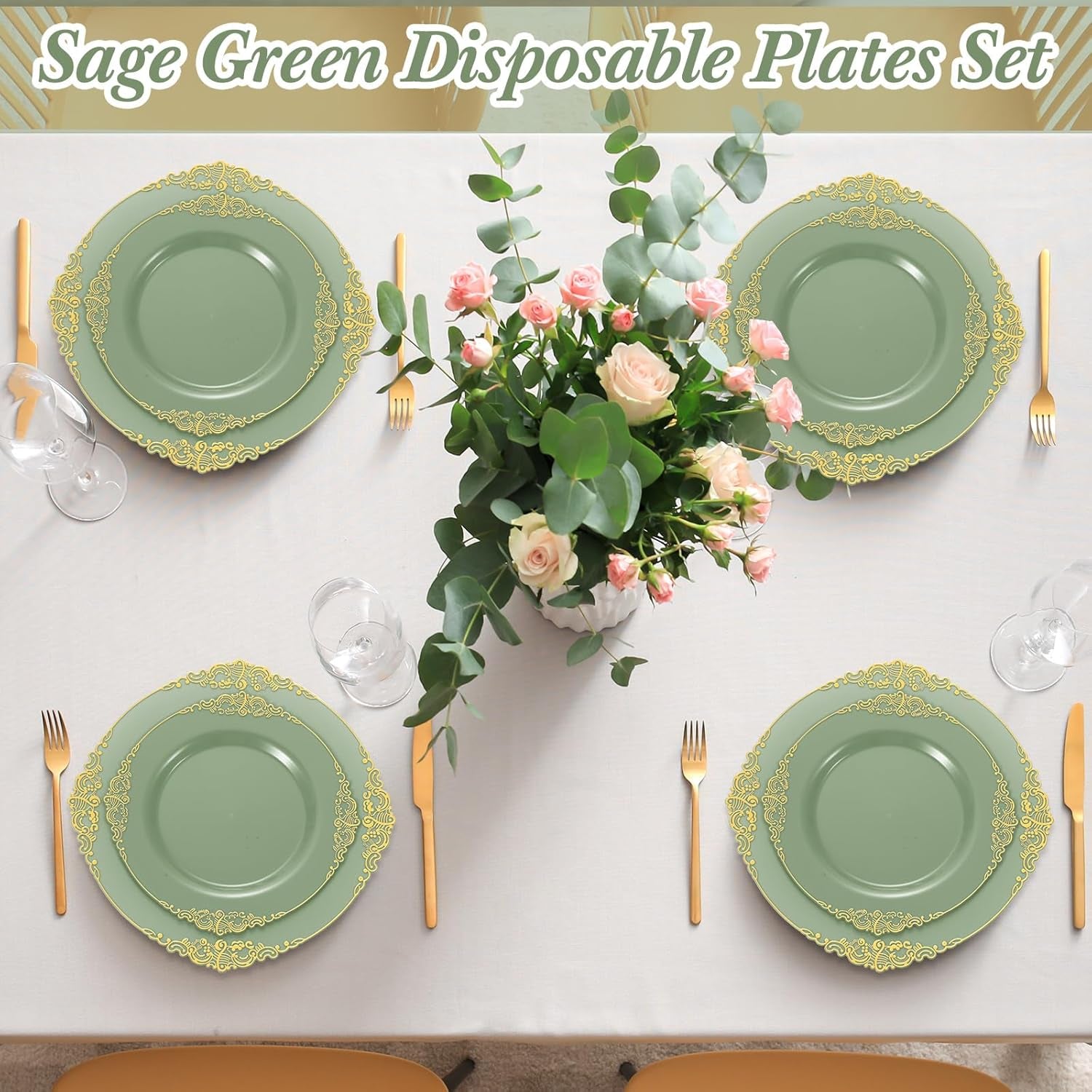 300-Piece Sage Green Plastic Dinnerware Set with Gold Accents - Includes 50 Dinner Plates (10.2"), 50 Dessert Plates (7.5"), and 150 Gold Utensils for Weddings and Events