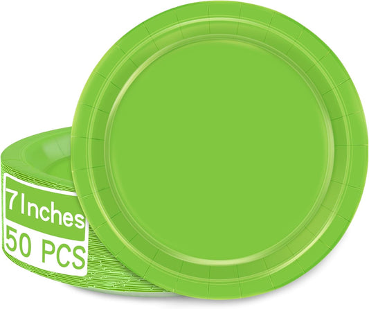50 PCS Disposable Plates Lime Green, 7" Bulk Paper Plates, Dessert Plates Disposable, Heavy Duty Paper Plates, Party Dinnerware for Green Party Theme Wedding Bridal Birthday Party Decorations