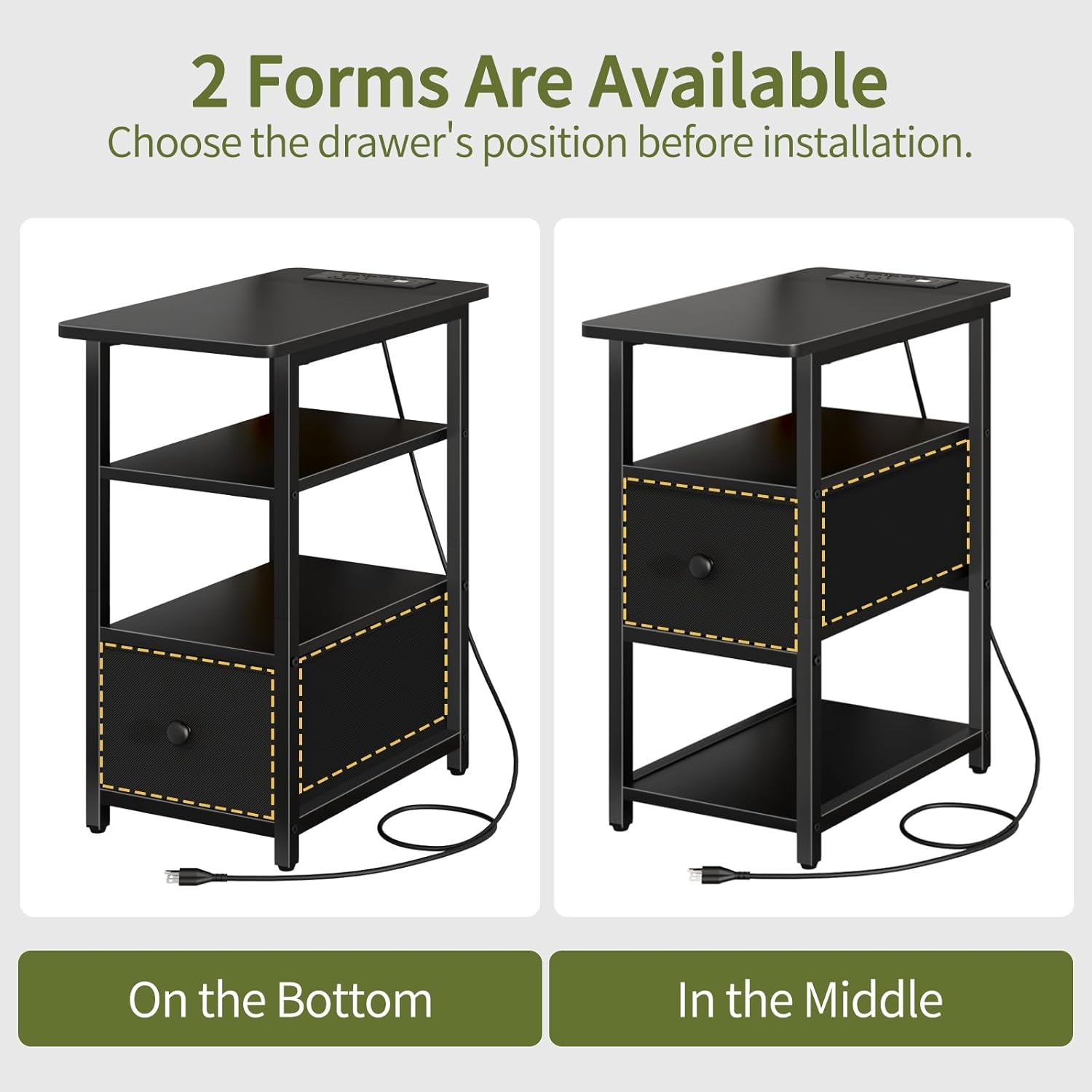 End Table with Charging Station, Narrow Side Table with Adjustable Fabric Drawer, 3-Tier End Tables Living Room, Small Nightstand with Outlets, LED Skinny Night Stand for Bedroom Small Spaces