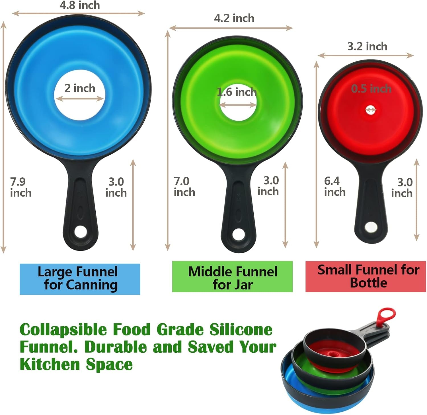 Silicone Collapsible Kitchen Funnels 4 Pack + Wide Mouth Canning Funnels 3 Pack