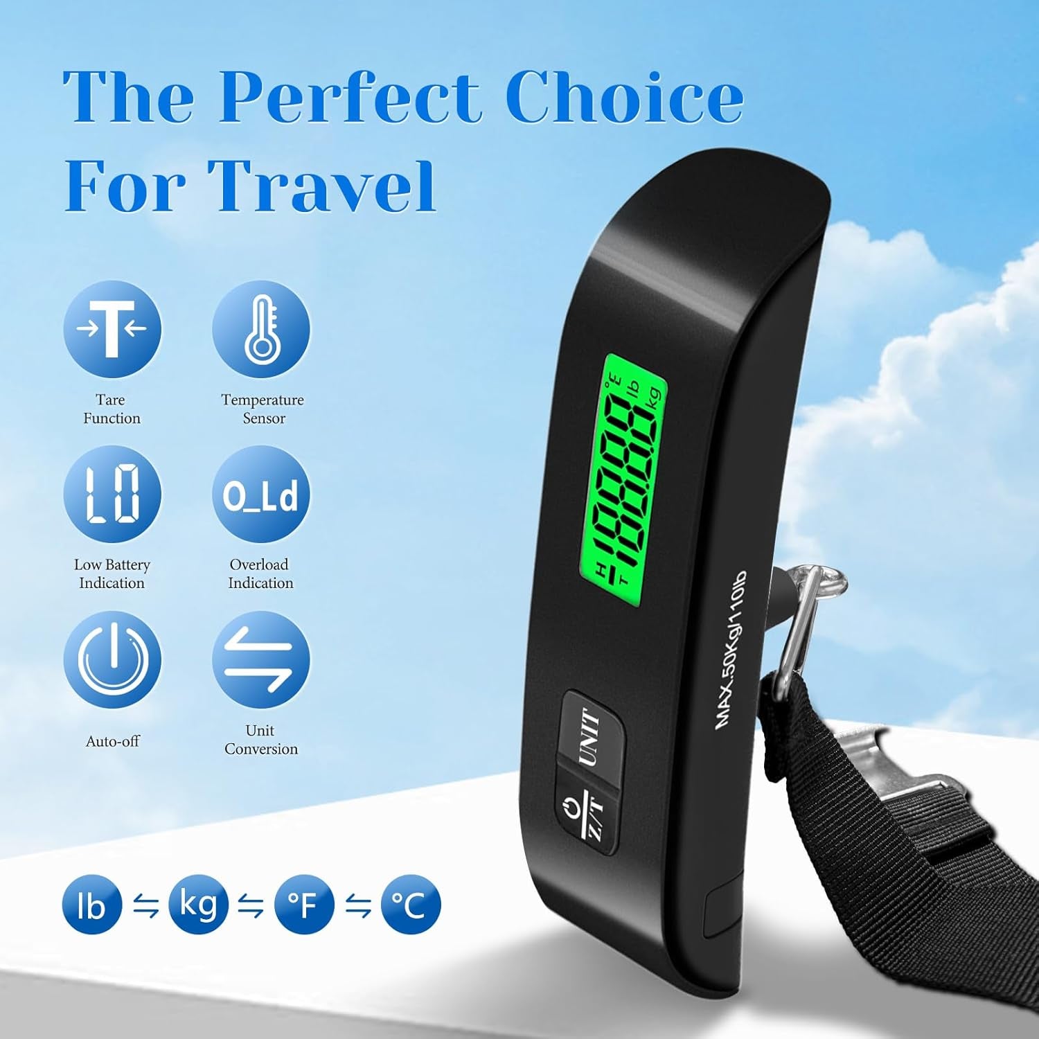 Luggage Scale, Portable Luggage Weight Scale 110Lb/50Kg with LED Display, Luggage Scale Travel Digital for Weighing Luggage, Backpacks, Fruits and Pets (Black)