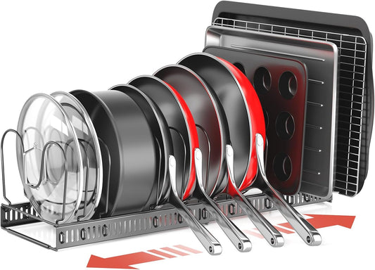 Pots and Pans Organizer under Cabinet with Pan Holder: Expandable 11.8"-22.8" Kitchen Cabinet Organizer Rack, 12 Adjustable Dividers Storage for Cookie Sheets, Cutting Boards & Heavy Cookware