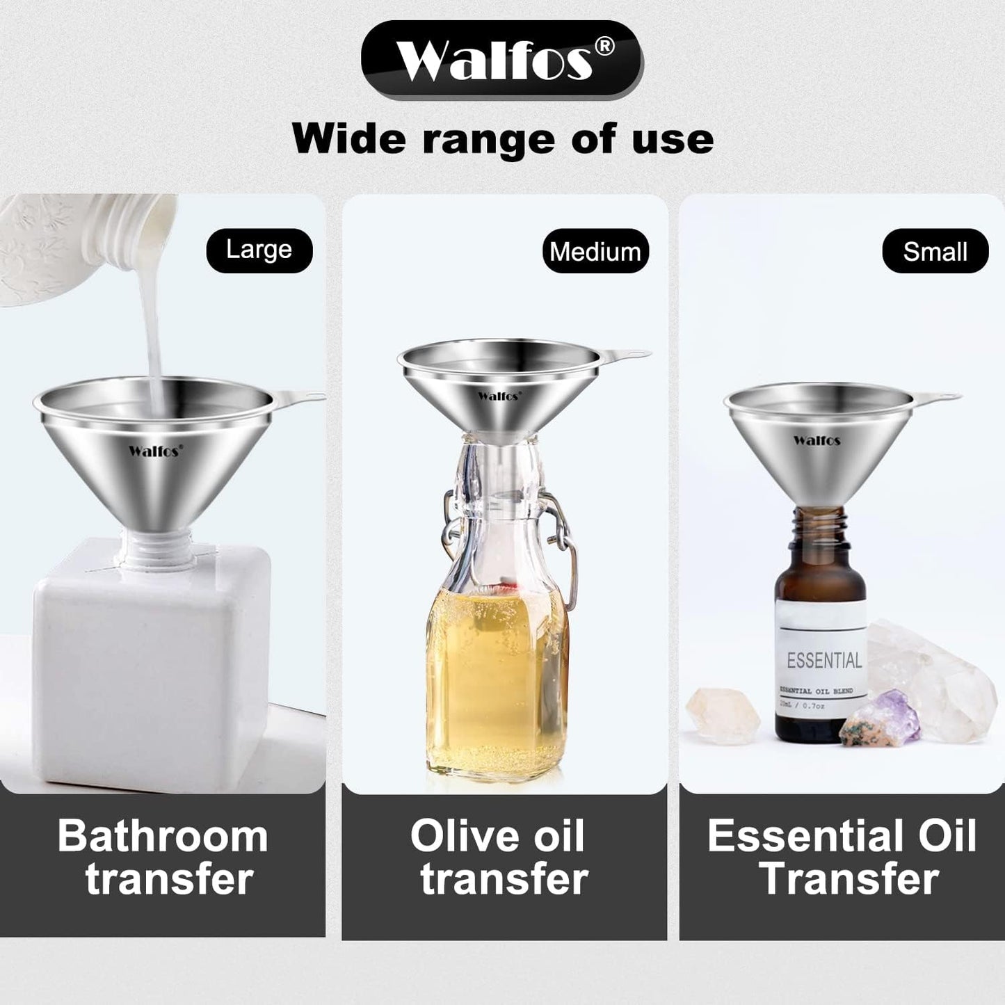 Mini Stainless Steel Funnels, Multi-Use Small Kitchen Funnel Set, for Transferring Liquid, Fluid, Essential Oils, Powder,Tiny Spices,Long-Lasting and Dishwasher Safe (3 In、2.2 In、1.7In)