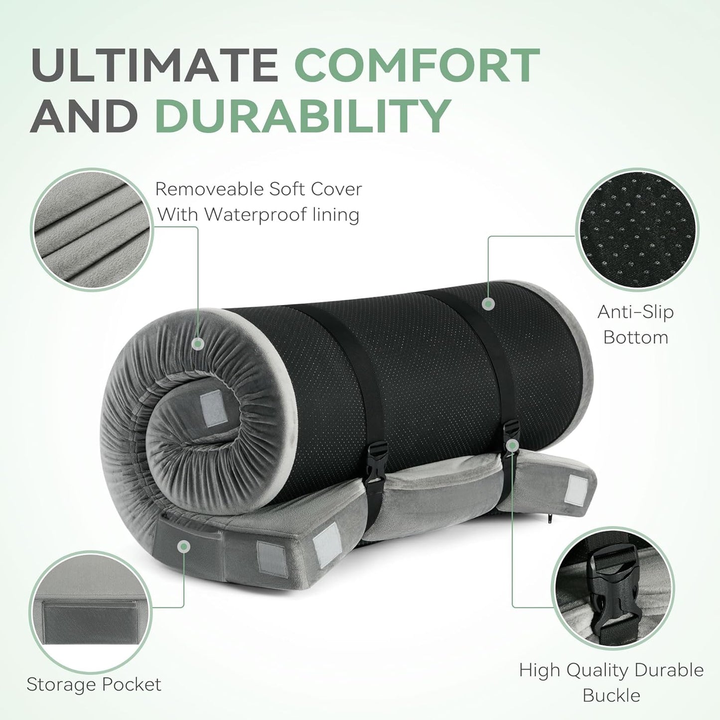 Memory Foam Camping Mattress Certipur-Us Waterproof Portable Roll up Mattress for Adults Cot Mattress Car Van Sleeping Mat Pad with Carrying Bag