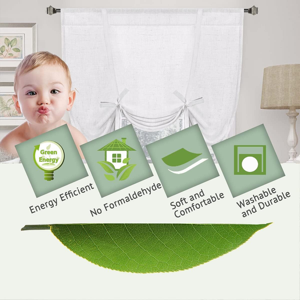 Tie up Linen Curtains 63 Inch Length Nature Linen Textured Privacy Curtain Multi Hanging Ways Shade Balloon Window Shade Rod Pocket Casual Curtain - 42X63 - White