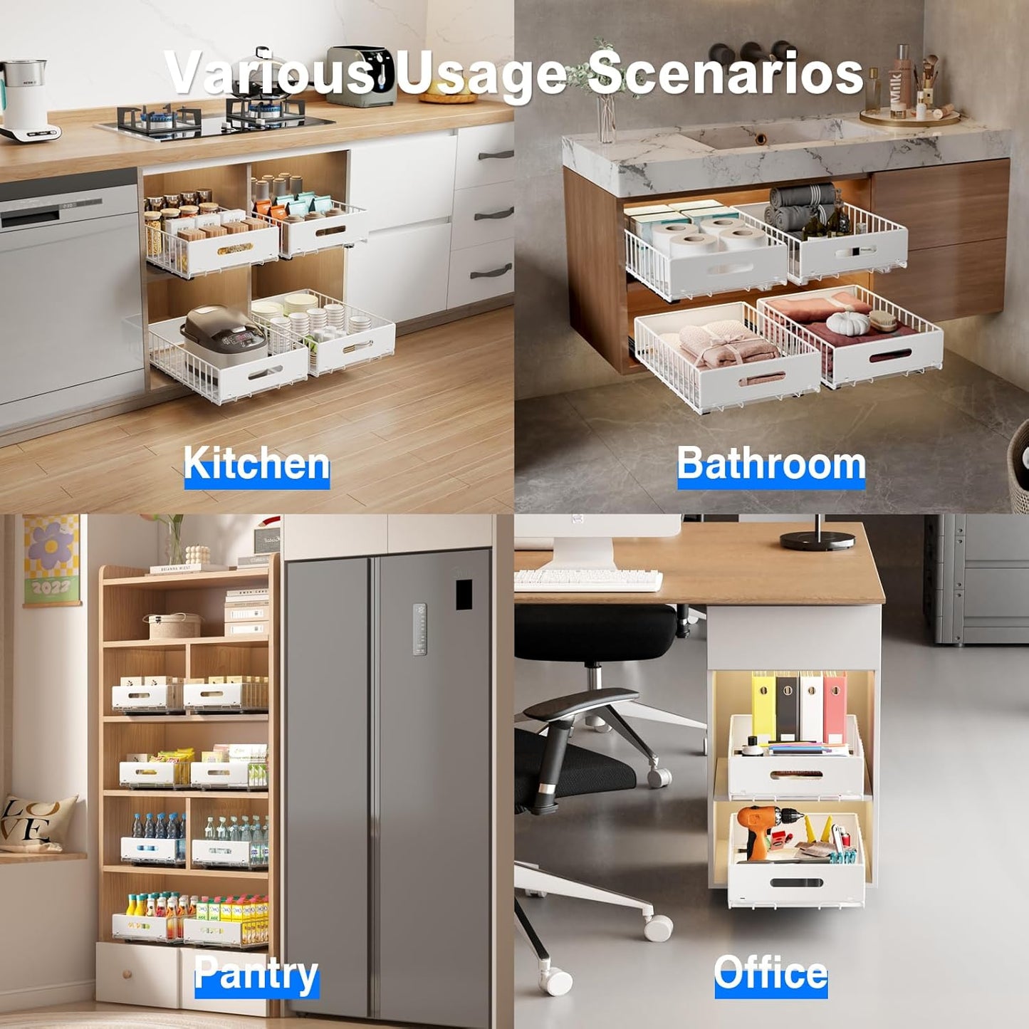 2 Pack Pull Out Cabinet Organizer, Slide Out Cabinet Drawers Peel and Stick Pull Out Drawers Heavy Duty Pull Out Shelf for Kitchen, Cupboard, Pantry, Bathroom (16.5" D*11.8" W*3.94" H-White)