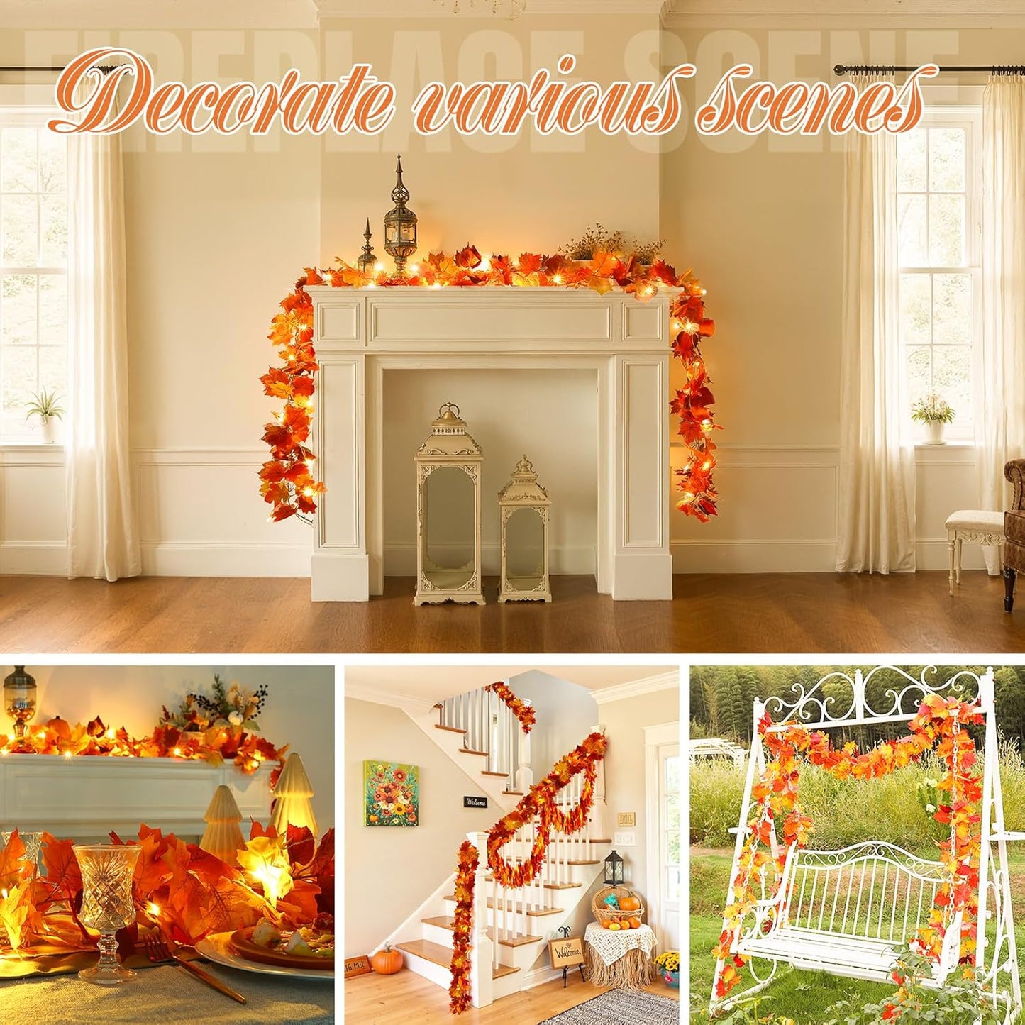 2 Pack Fall Garland with Lights, Fall Leaves for Mantle, Outdoor Lighted up Leaf Garland Autumn Decor with 6.5FT LED String Lights, Hanging Maple Leaves for Door, Thanksgiving Decor