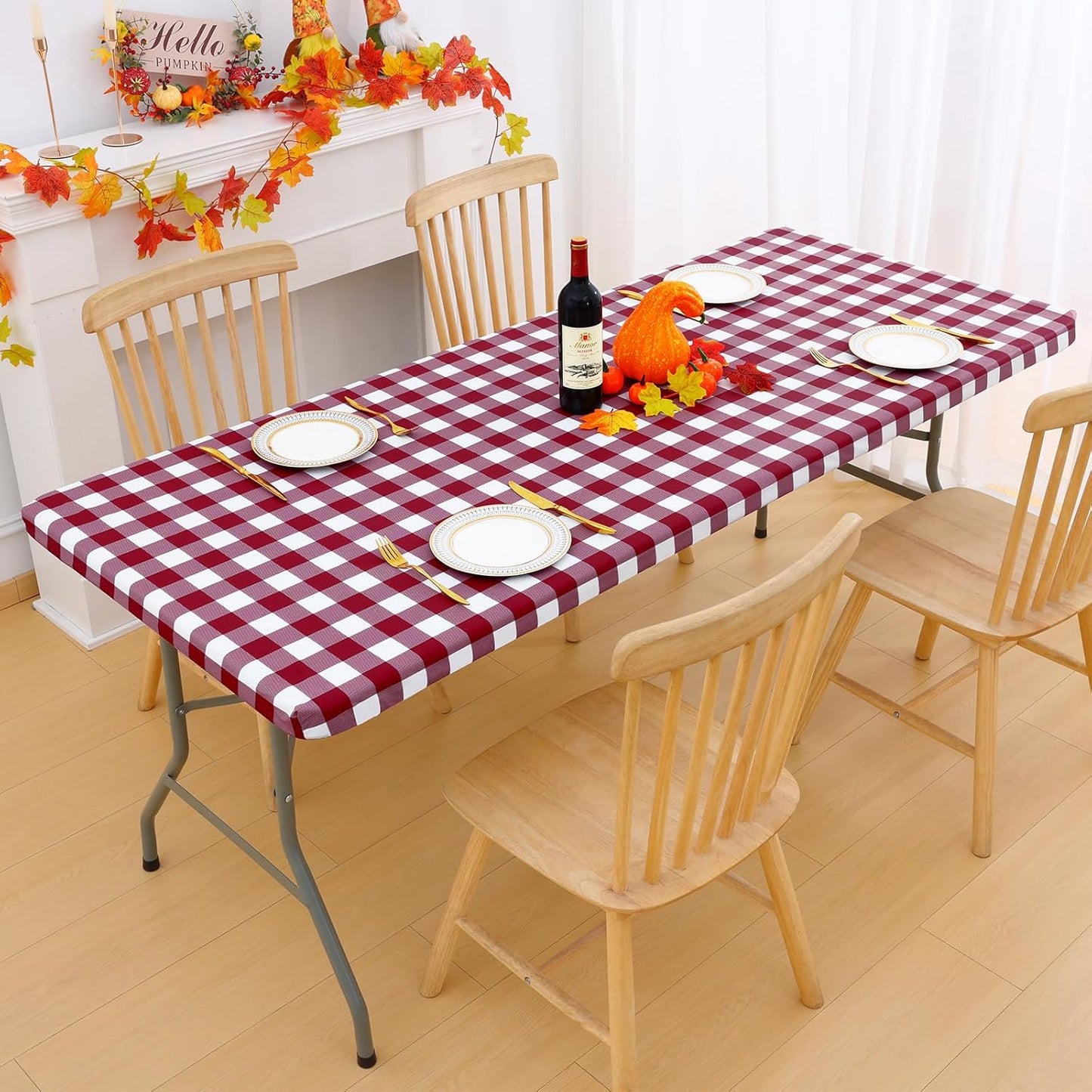 Rectangle Picnic Table Cloth, Elastic Waterproof Fitted Vinyl Tablecloths, Flannel Backed Buffalo Plaid Table Covers for Dining, Camping, Outdoor (Burgundy and White, 30" X 72")