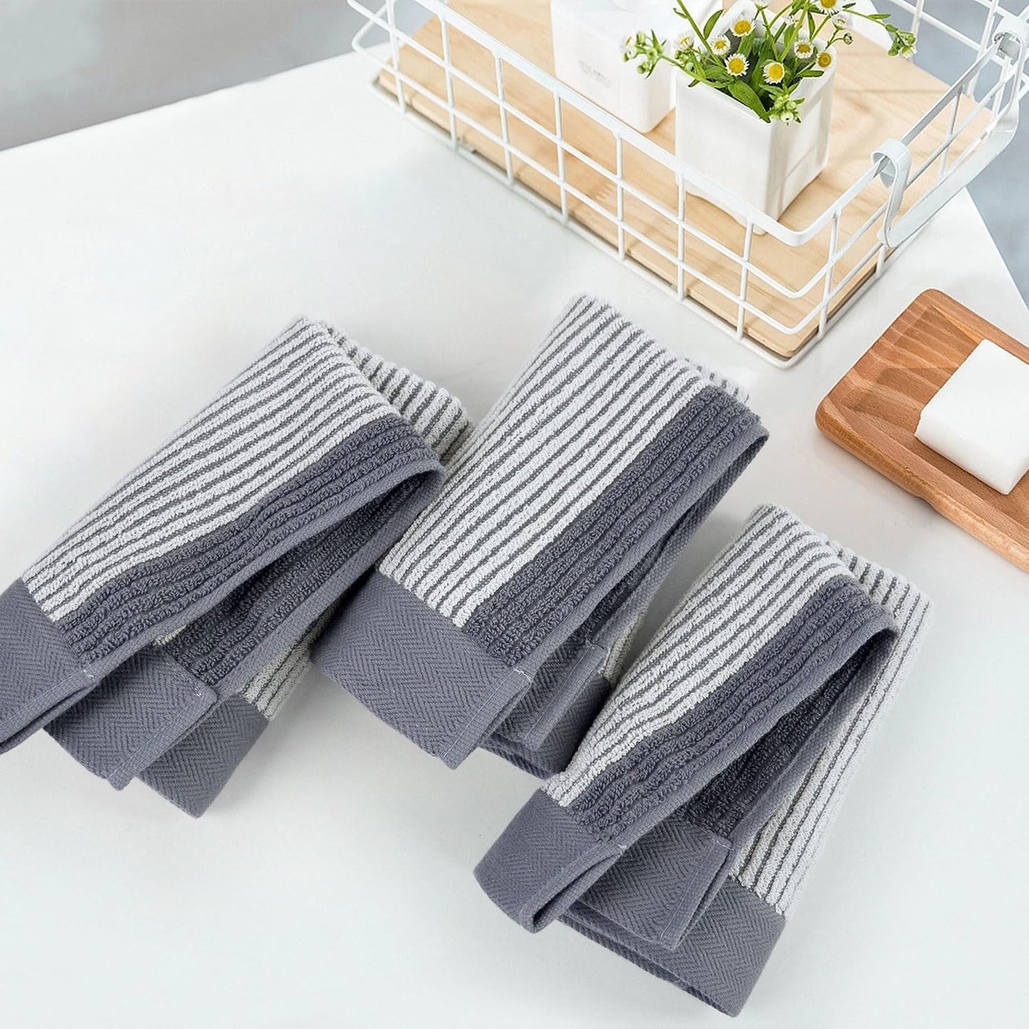 Wash Cloths for Showering, 12 Washcloths with Stylish Jacquard Weaved Design, Cotton Washcloth Set, 13 X 13 Inches, Gray