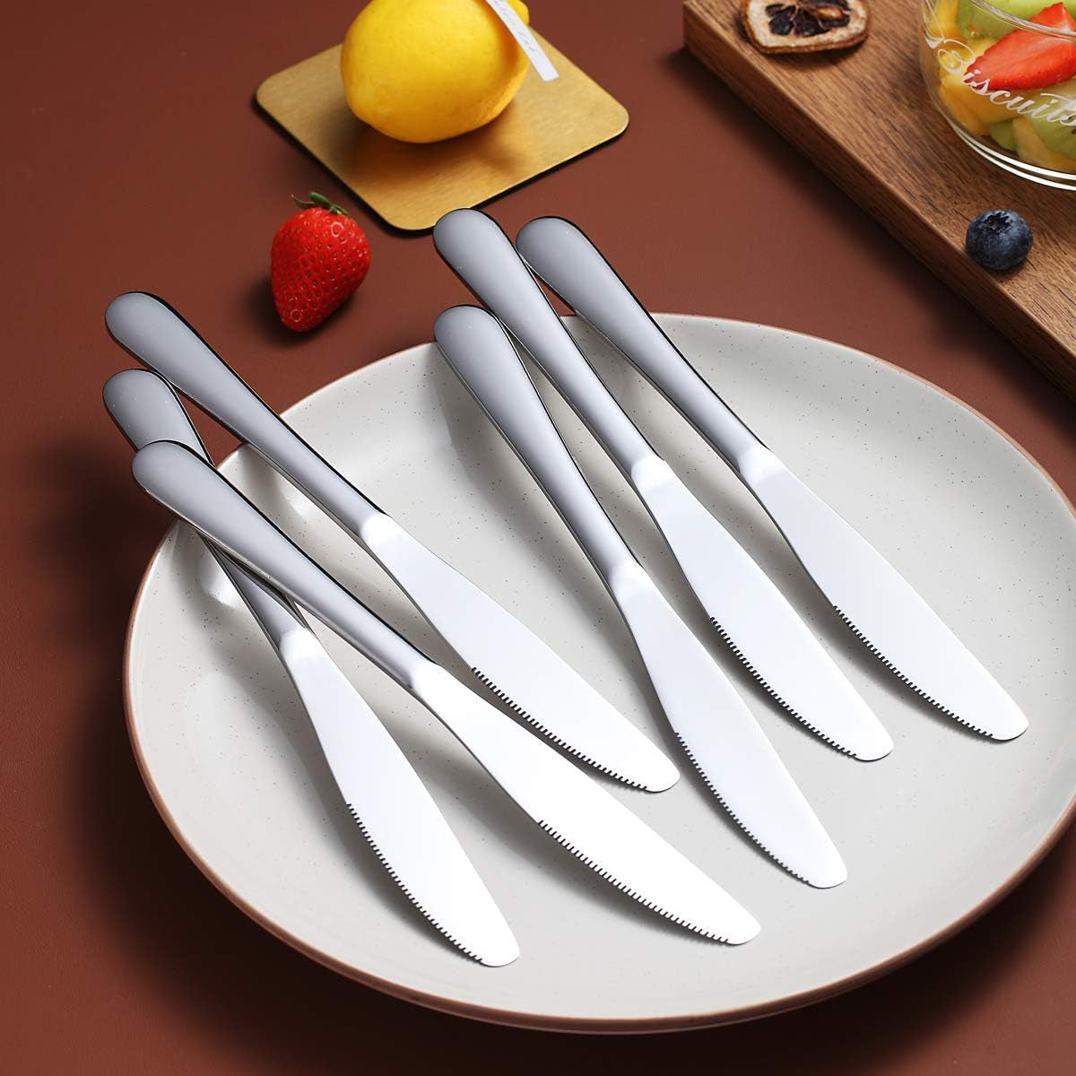 Set of 6 Stainless Steel Dinner Knives - Shiny Mirror Finish, Durable Butter Knife Spreaders, Dishwasher Safe