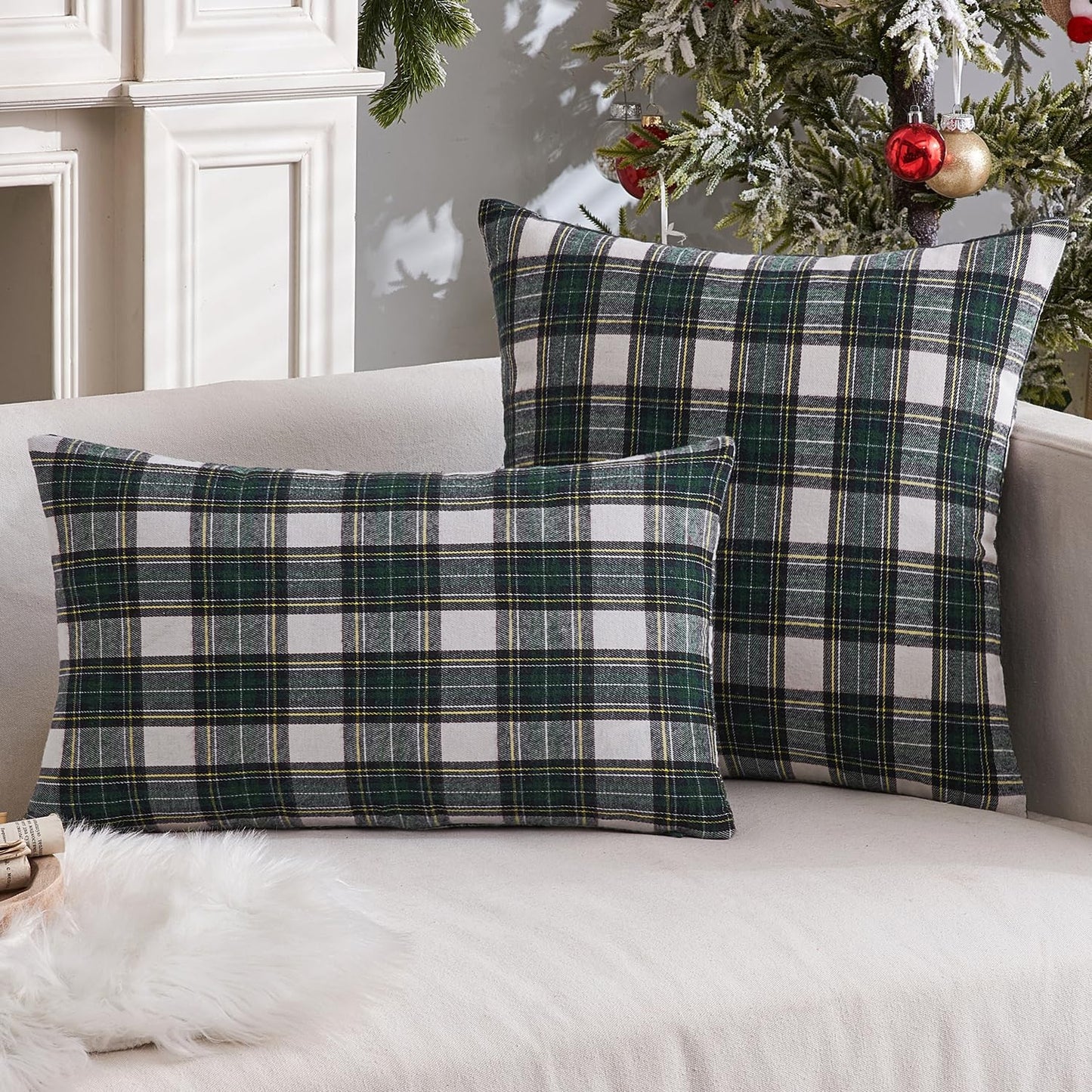 Christmas Set of 2 Scottish Tartan Plaid Throw Pillow Covers Farmhouse Classic Decorative Outdoor Square Cushion Cases for Decor Sofa Couch 18X18 Inch, Green and White