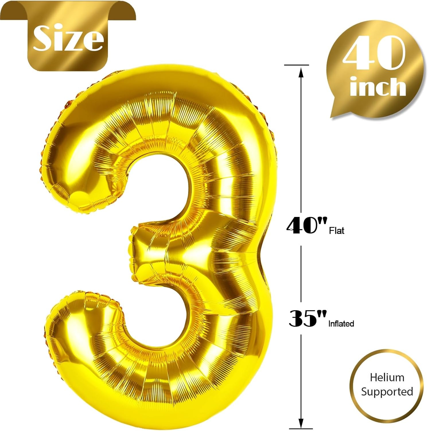 Gold Number 3 Balloon 40 Inch, 3 Balloon Number, 3Rd Birthday Decorations, Gold Party Supplies for Boys Girls