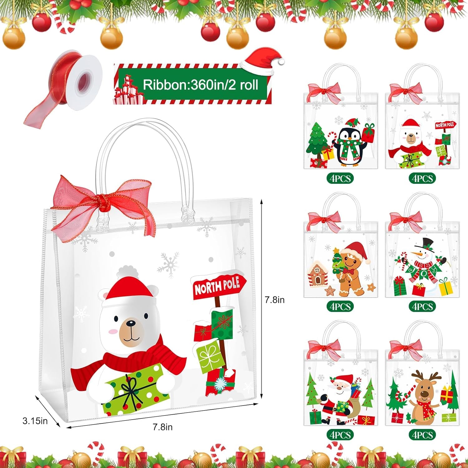 24Pcs Christmas Clear Gift Bags Plastic Totes Bags with Handles Bow Ribbon for Candy Treat Goodie and Party Favors Elk Snowman Santa Gift Bags for Christmas Decorations, 7.8 * 7.8 * 3.15 Inch