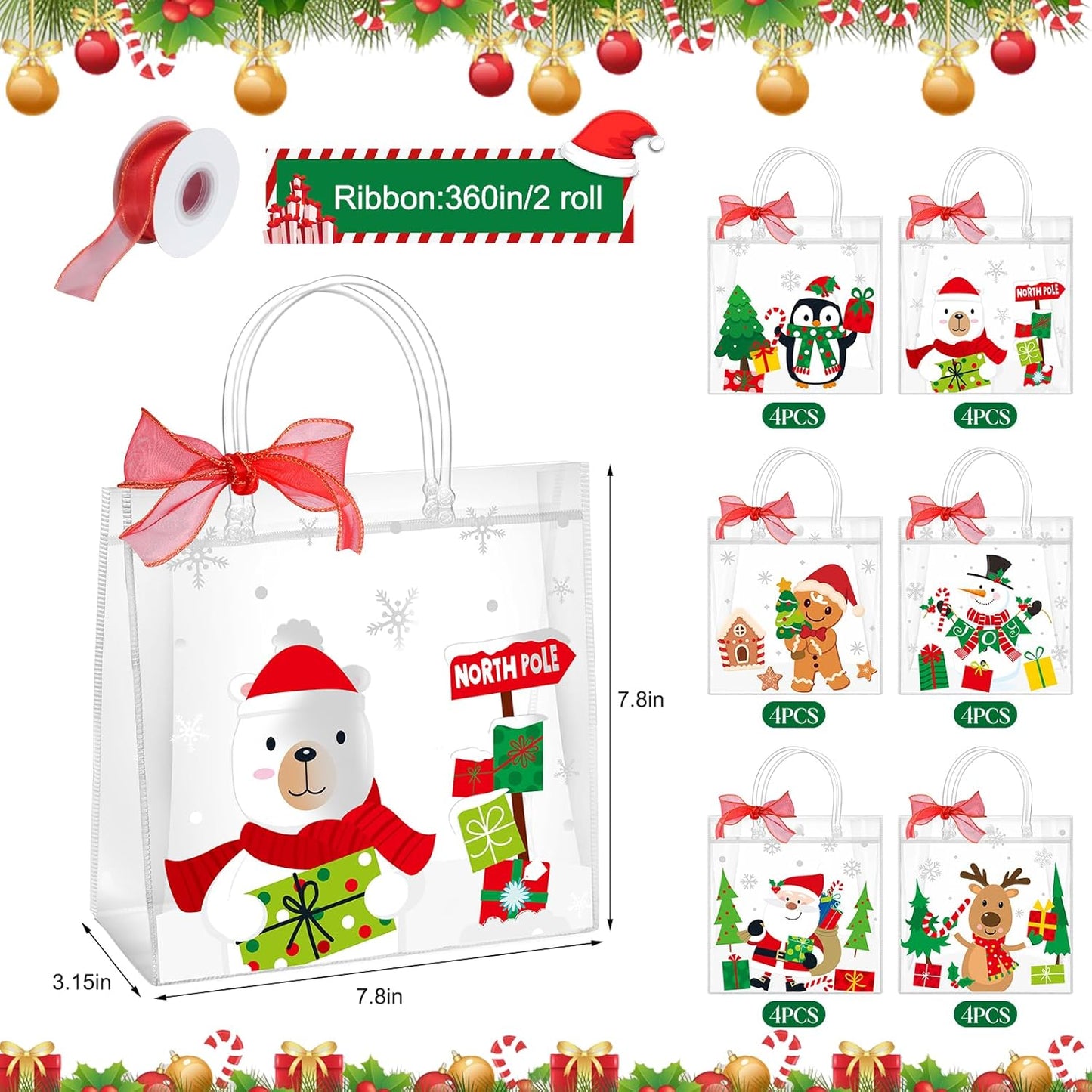 24Pcs Christmas Clear Gift Bags Plastic Totes Bags with Handles Bow Ribbon for Candy Treat Goodie and Party Favors Elk Snowman Santa Gift Bags for Christmas Decorations, 7.8 * 7.8 * 3.15 Inch
