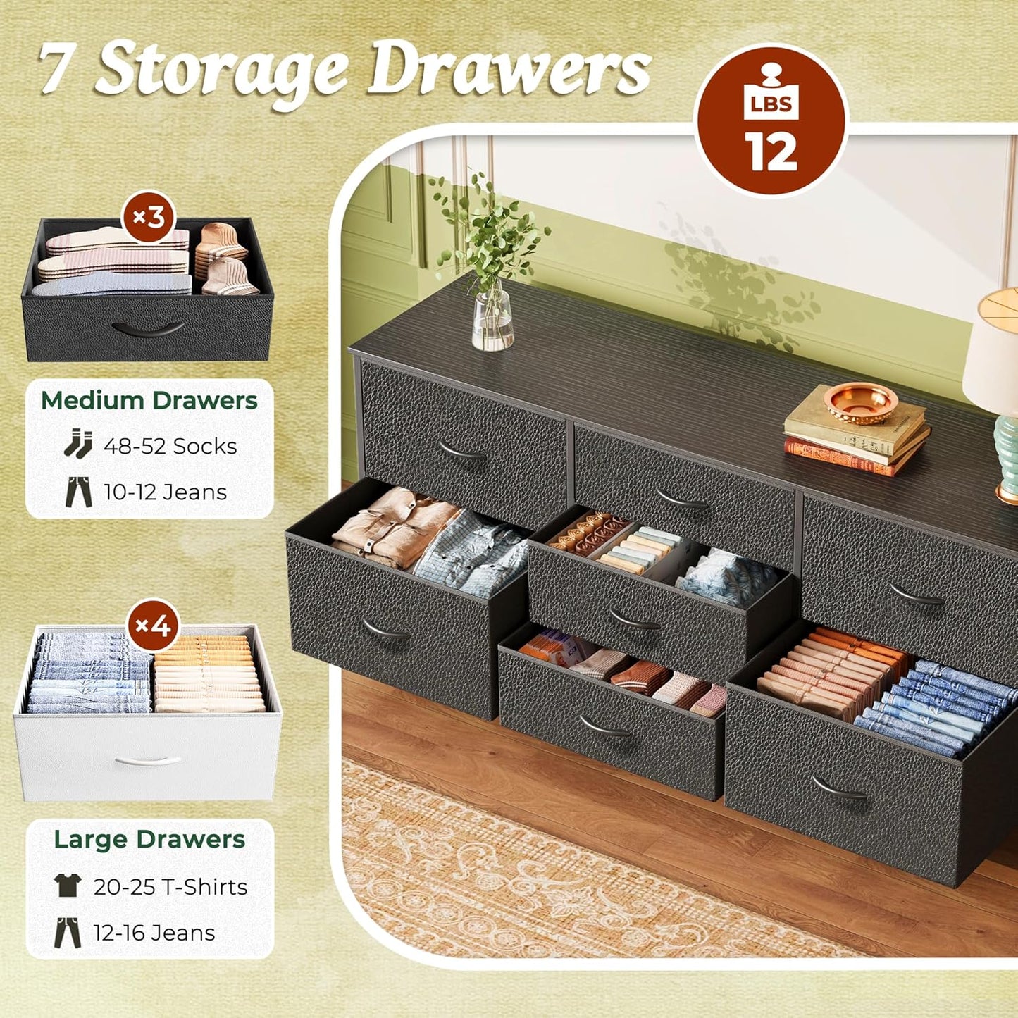 Bedroom Dresser and TV Stand Combo, 55-Inch Unit for 43-60 Inch TVs, Long Fabric Storage Solution with 7 Drawers, Black