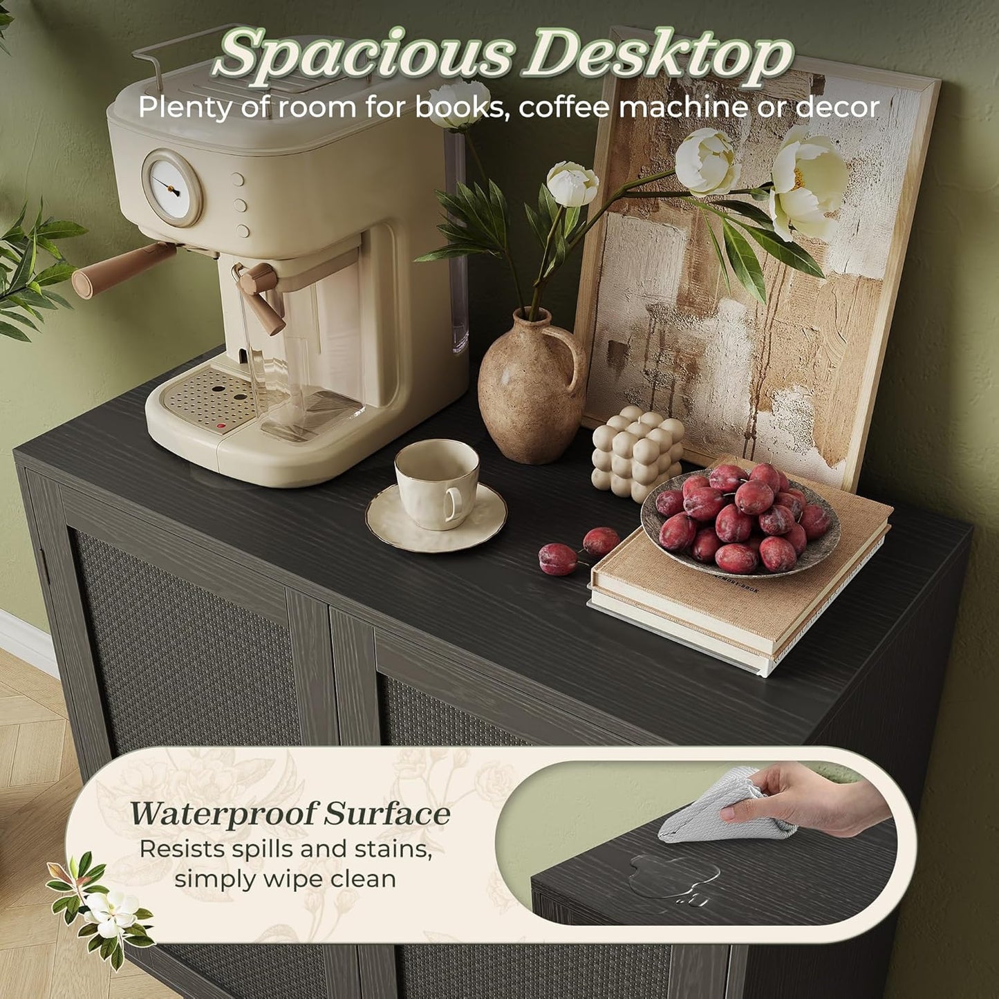 Elegant Buffet Cabinet with Storage, Featuring PE Rattan Decor Doors and Solid Wood Feet, Ideal for Hallway, Entryway, and Living Room, All Black Finish