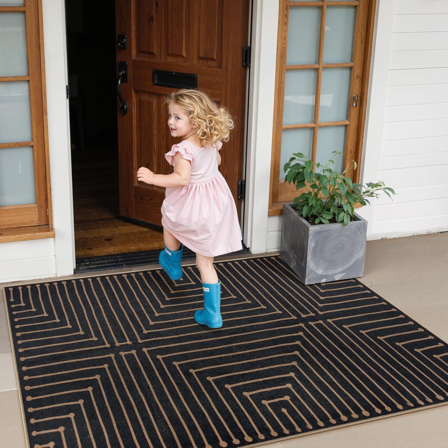 Neutral Geometric 3X5 Easy Jute Rug, Washable Rugs for Bedroom Entryway Outdoor Patio Porch Carpet, Farmhouse Rhombus Non Slip Non Shedding Black Carpet for Kitchen Entrance Balcony