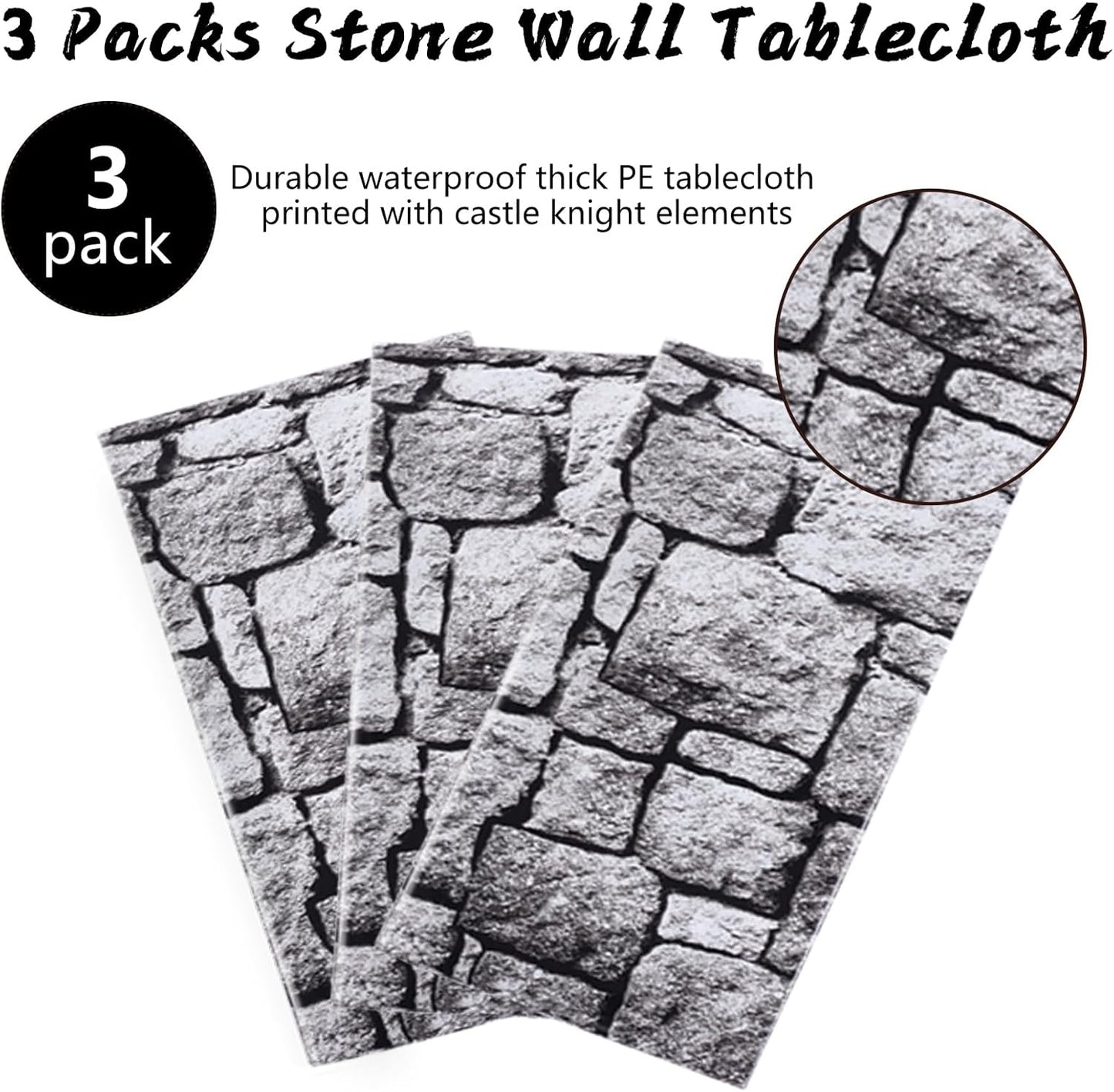 3 Packs Stone Wall Tablecloths 54 X 108 Inch Halloween Table Cloth Stone Printed Table Cover Wallpaper Plastic Medieval Castle Knight Themed Backdrop Stones Brick Tablecovers for Birthday Party