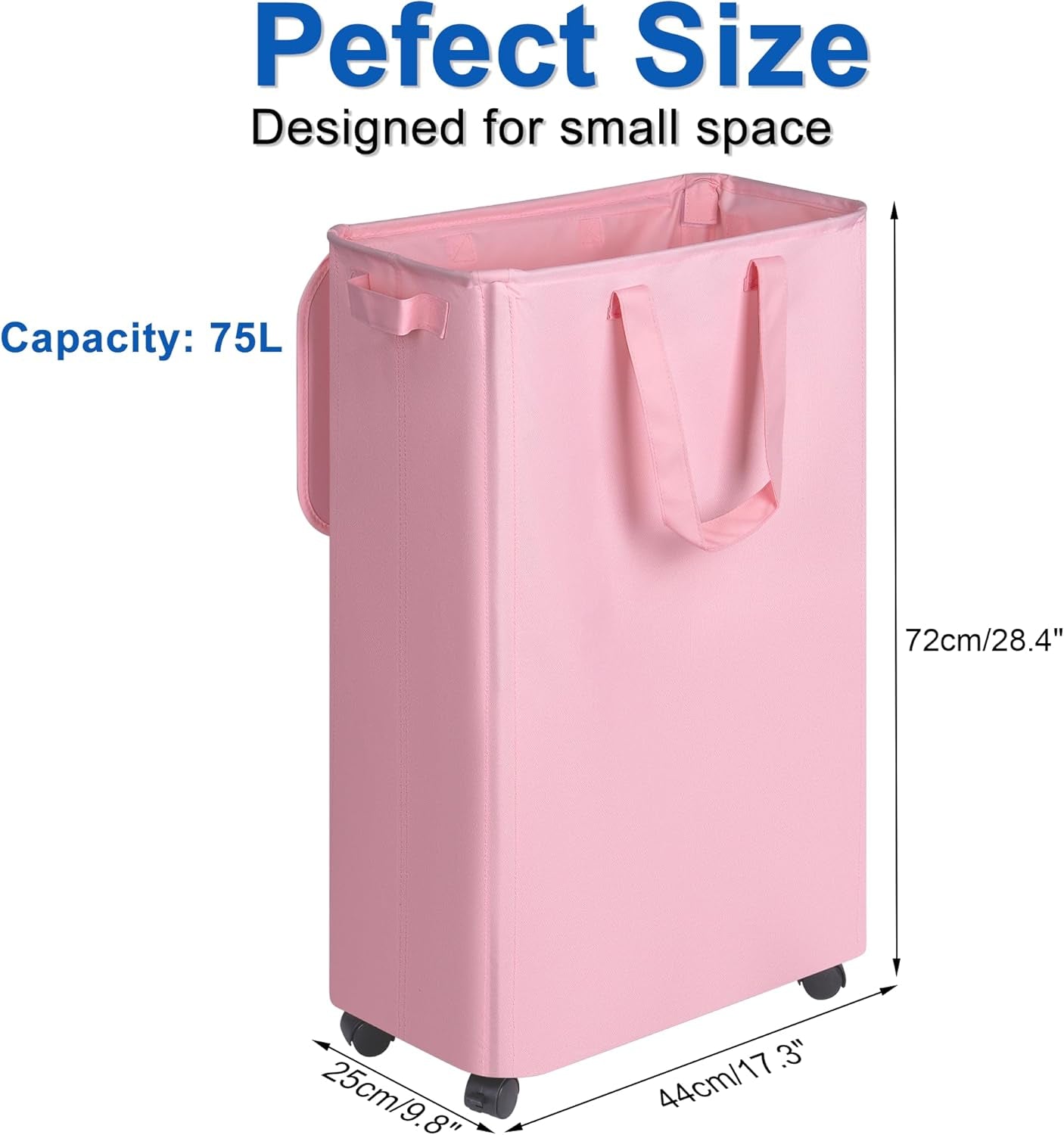 Slim Laundry Hamper with Lid and Wheels, Small Rolling Laundry Basket with Handle for Small Spaces, Tall Dirty Clothes Hampers for Dorm, Bathroom and Bedroom, 75L, Pink