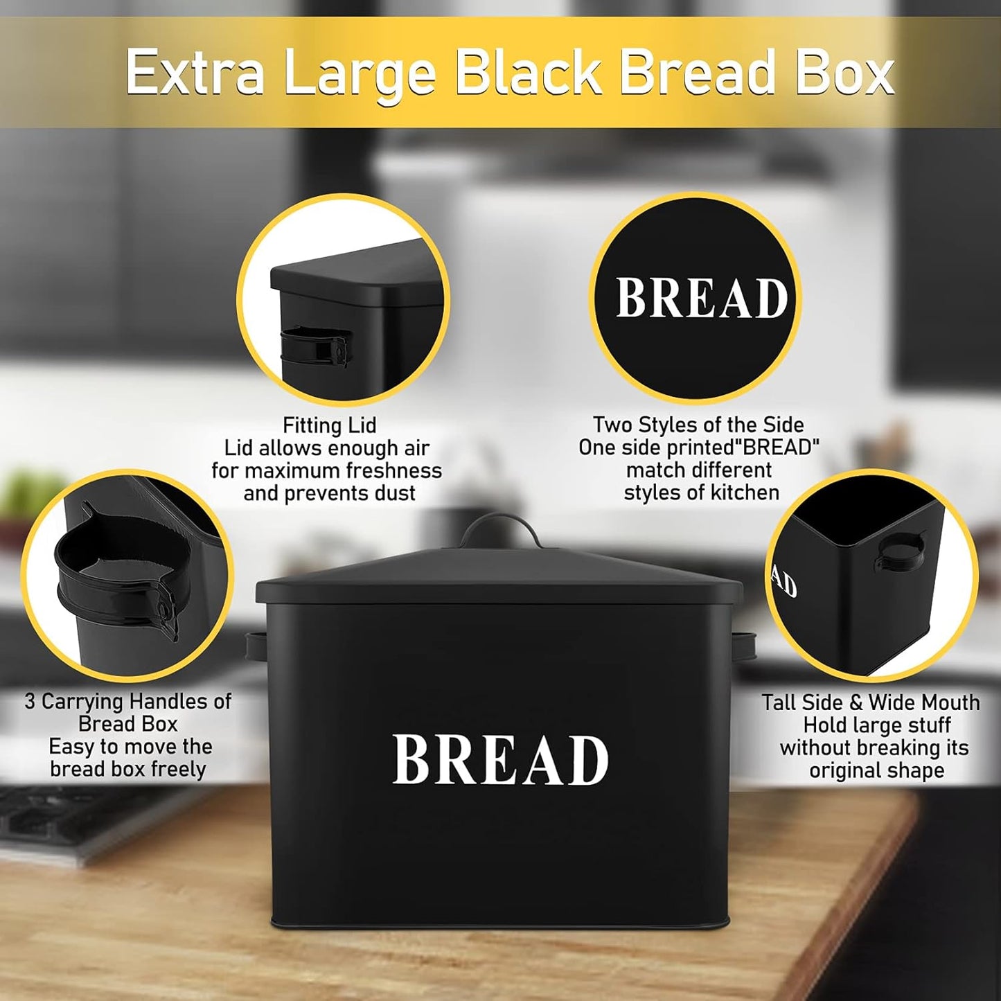 Extra Large Bread Box with Lid, Metal Bread Storage Container for Farmhouse Kitchen Countertop, 13.1” X 11.81” X 7.2” Inches for Holding 2+ Loaves, Indoor & Outdoor Use, Black