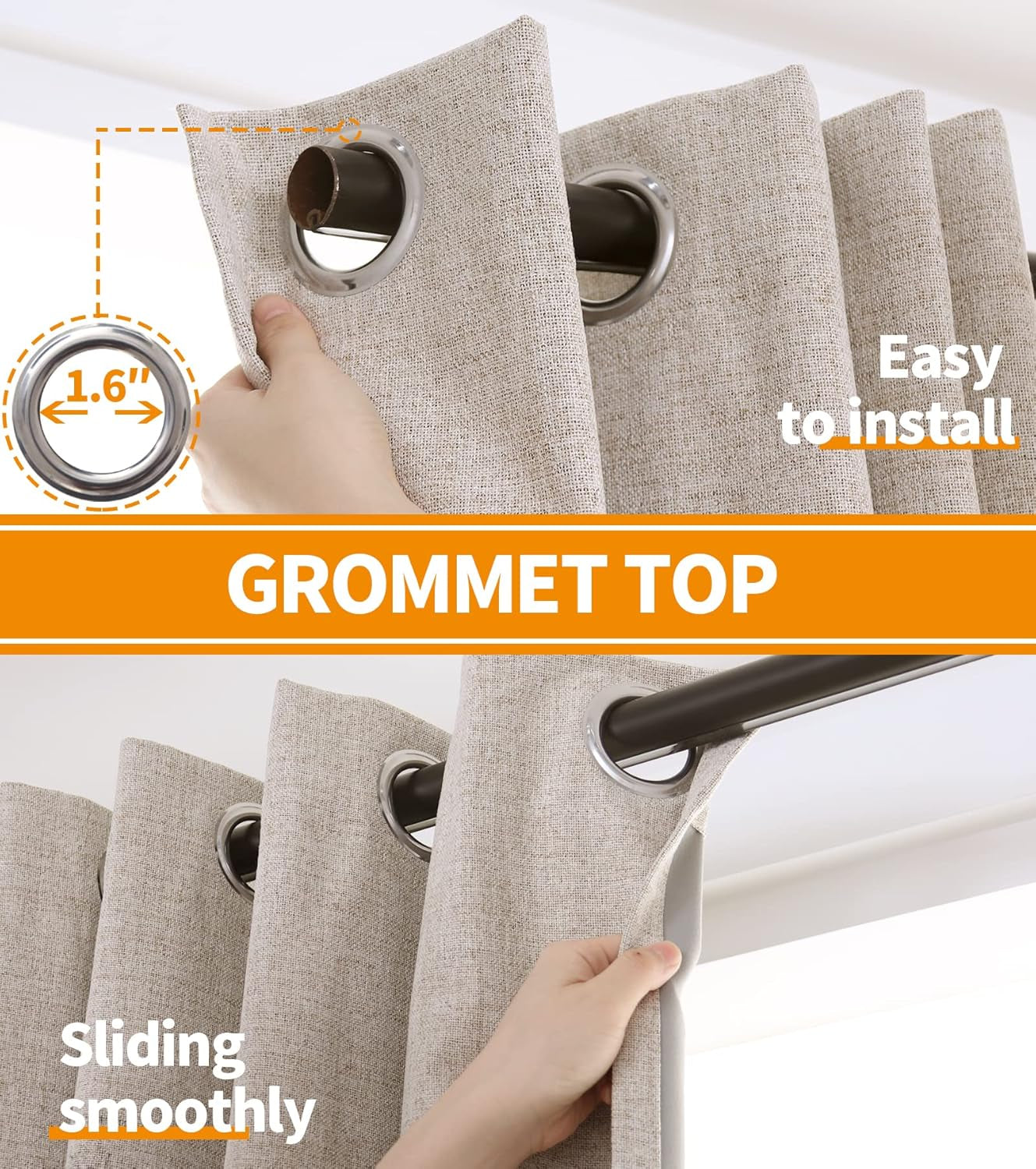 Linen Blackout Curtains 63 Inch Length for Bedroom, Grommet Thermal Insulated Black Out Window Drapes for Living Room Winter Room Darkening Blinds Privacy, 2 Panels, 52 X 63 Inch, Beige